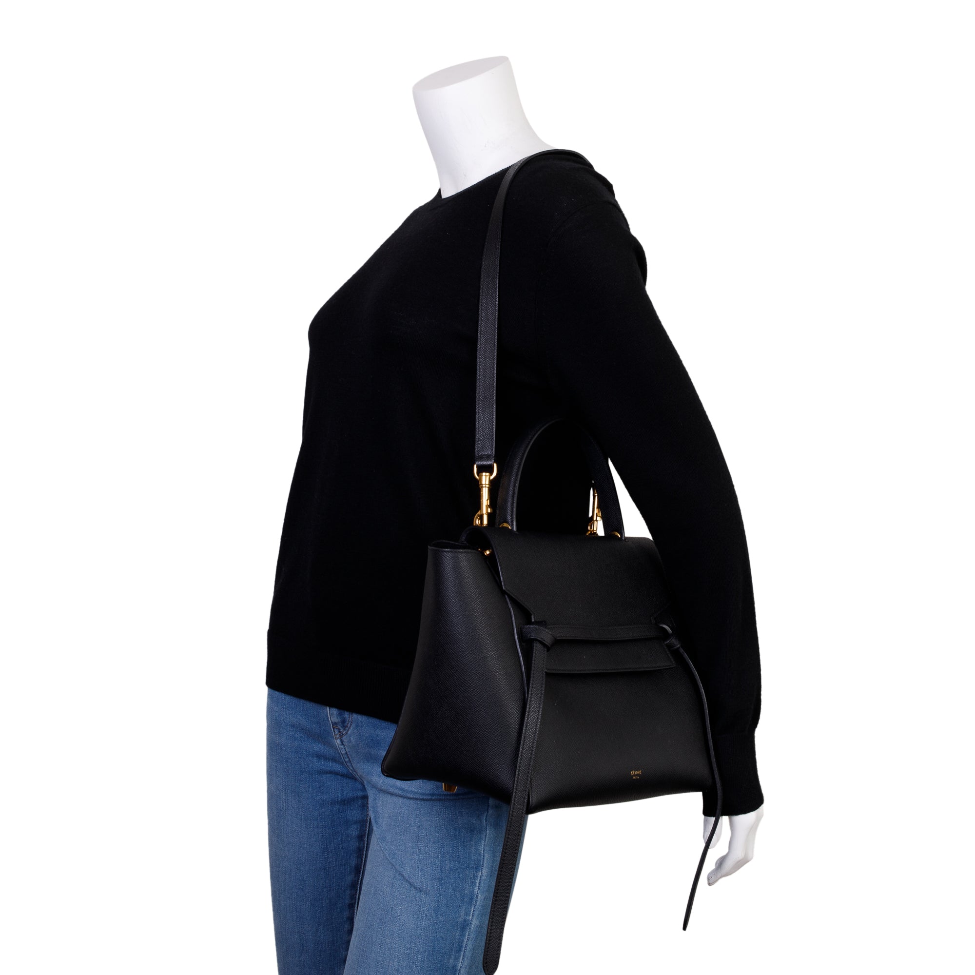 Celine Black Grained Leather Mini Belt Bag w/ Strap