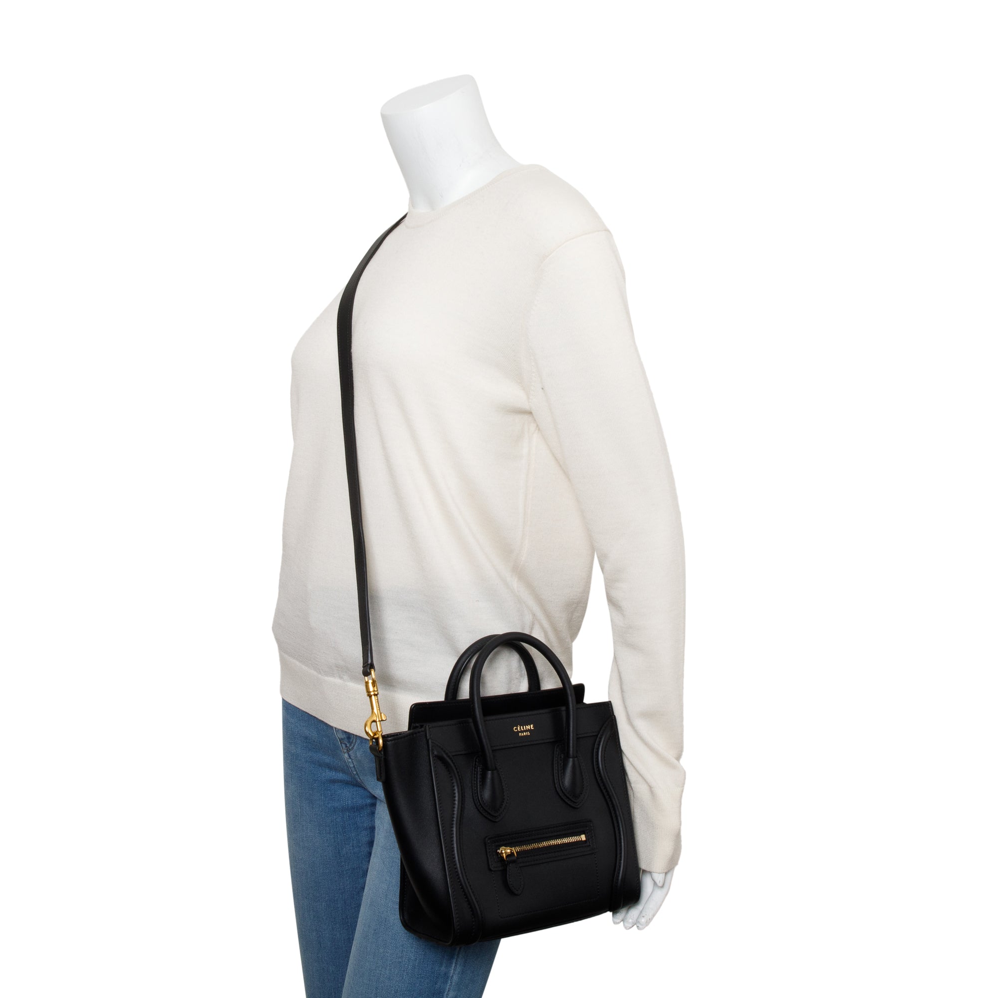 Celine Black Smooth Calfskin Leather Nano Luggage Tote w/ Strap