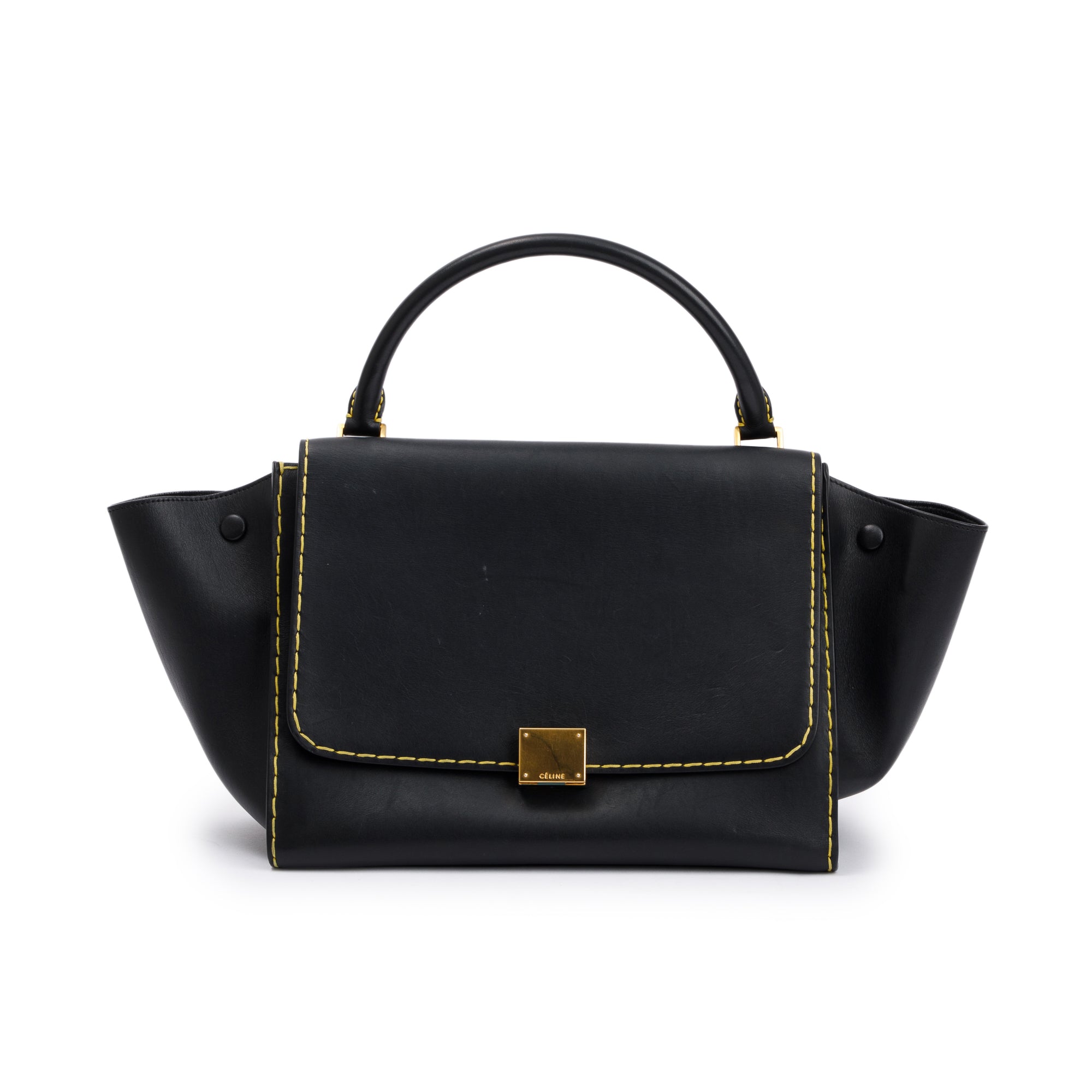 Celine Black Smooth Calfskin Leather Yellow Stitching Small Trapeze Bag w/ Strap