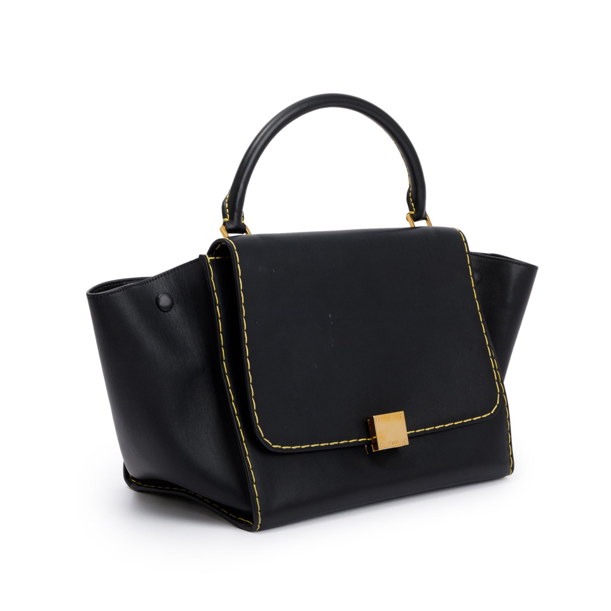 Celine Black Smooth Calfskin Leather Yellow Stitching Small Trapeze Bag w/ Strap