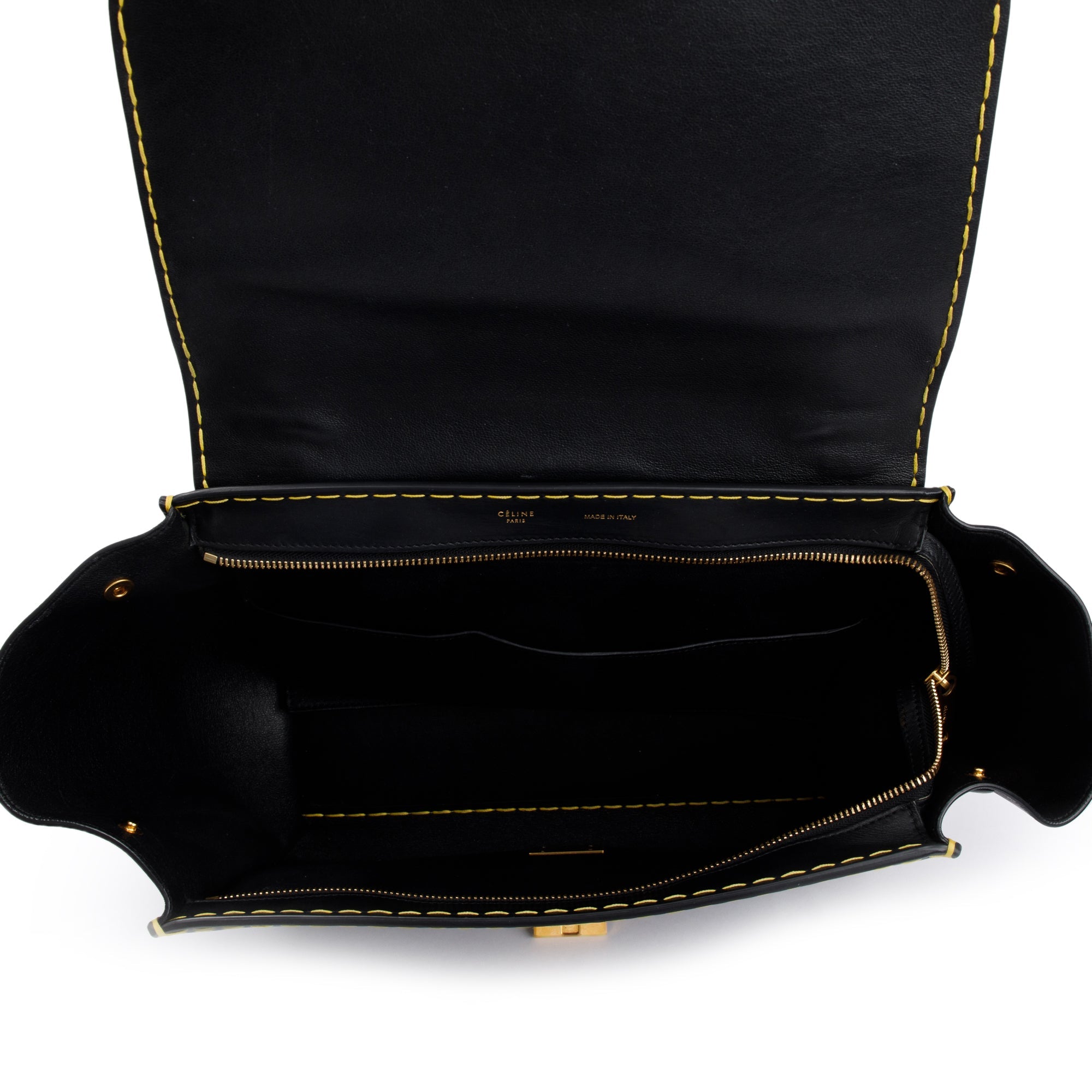 Celine Black Smooth Calfskin Leather Yellow Stitching Small Trapeze Bag w/ Strap