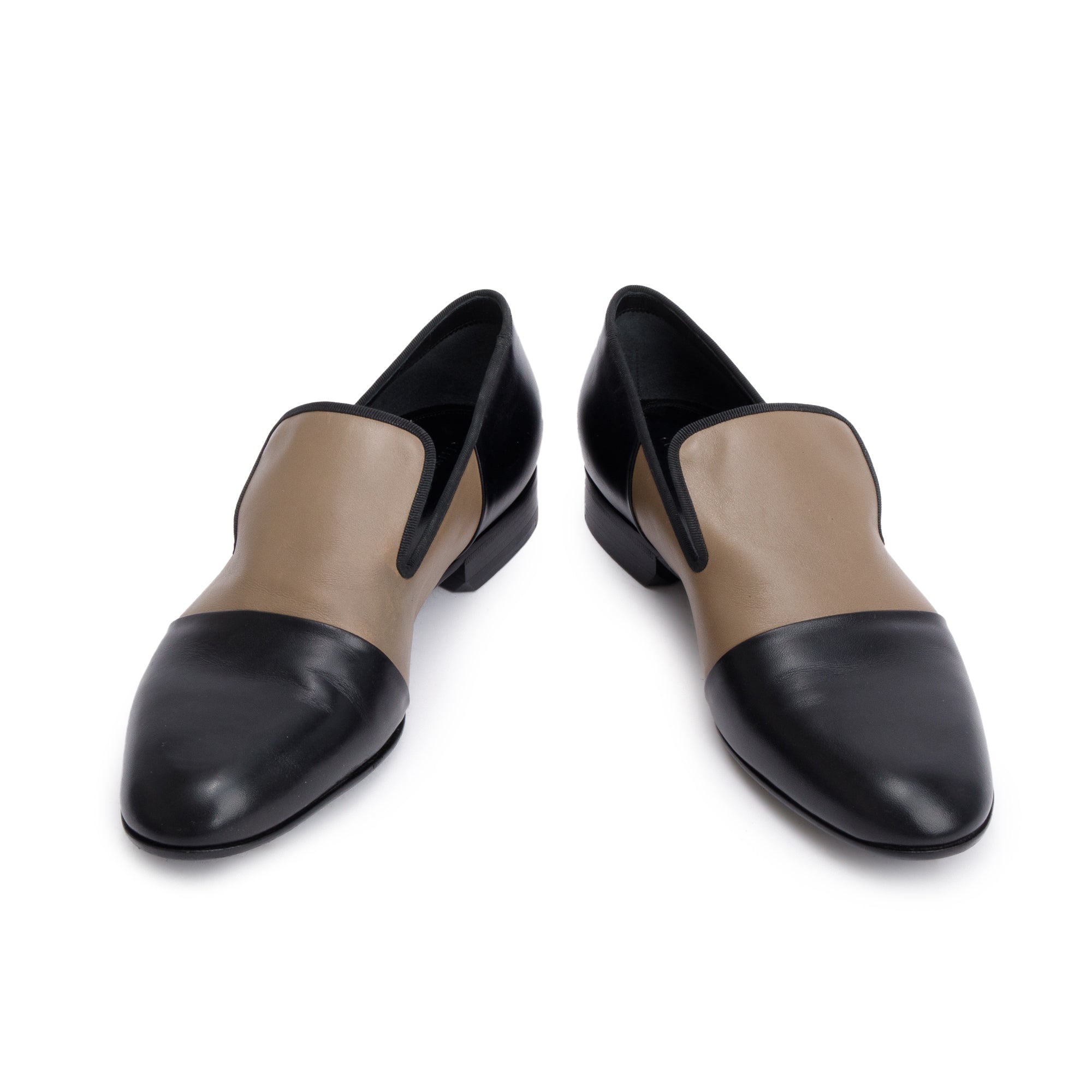 Celine Black/Taupe Calfskin Leather Luco Triomphe Loafers, Size 38.5