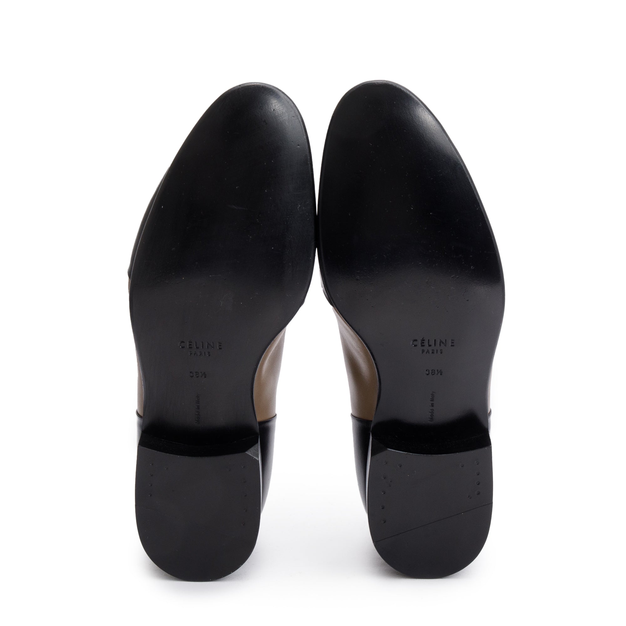 Celine Black/Taupe Calfskin Leather Luco Triomphe Loafers, Size 38.5