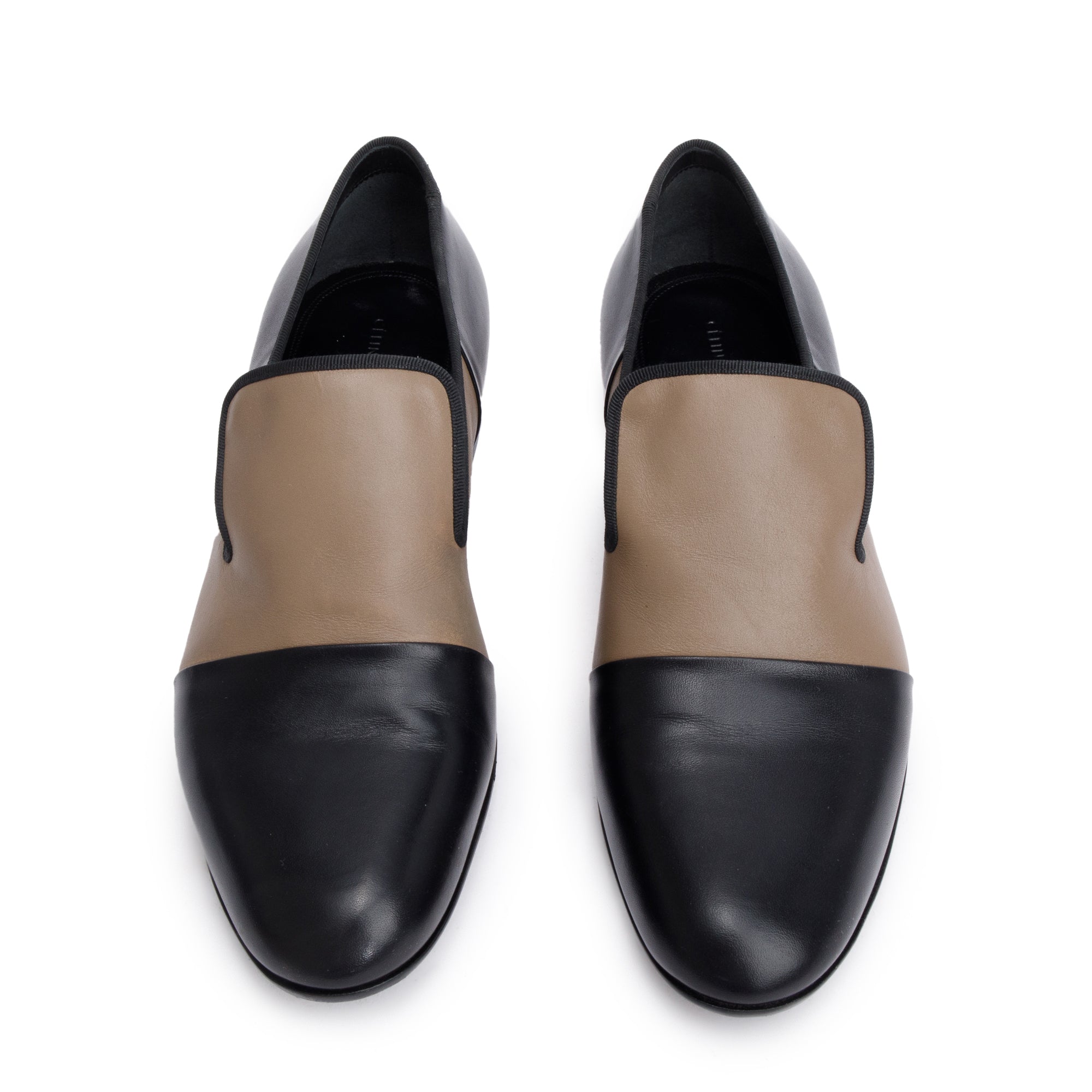Celine Black/Taupe Calfskin Leather Luco Triomphe Loafers, Size 38.5