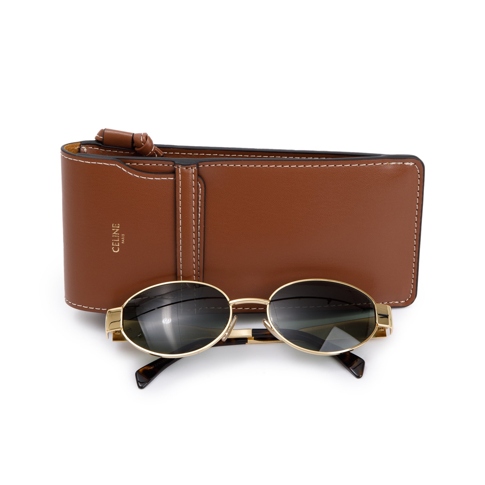 Celine CL40235U Gold-Tone Triomphe Metal 01 Oval Sunglasses w/ Case
