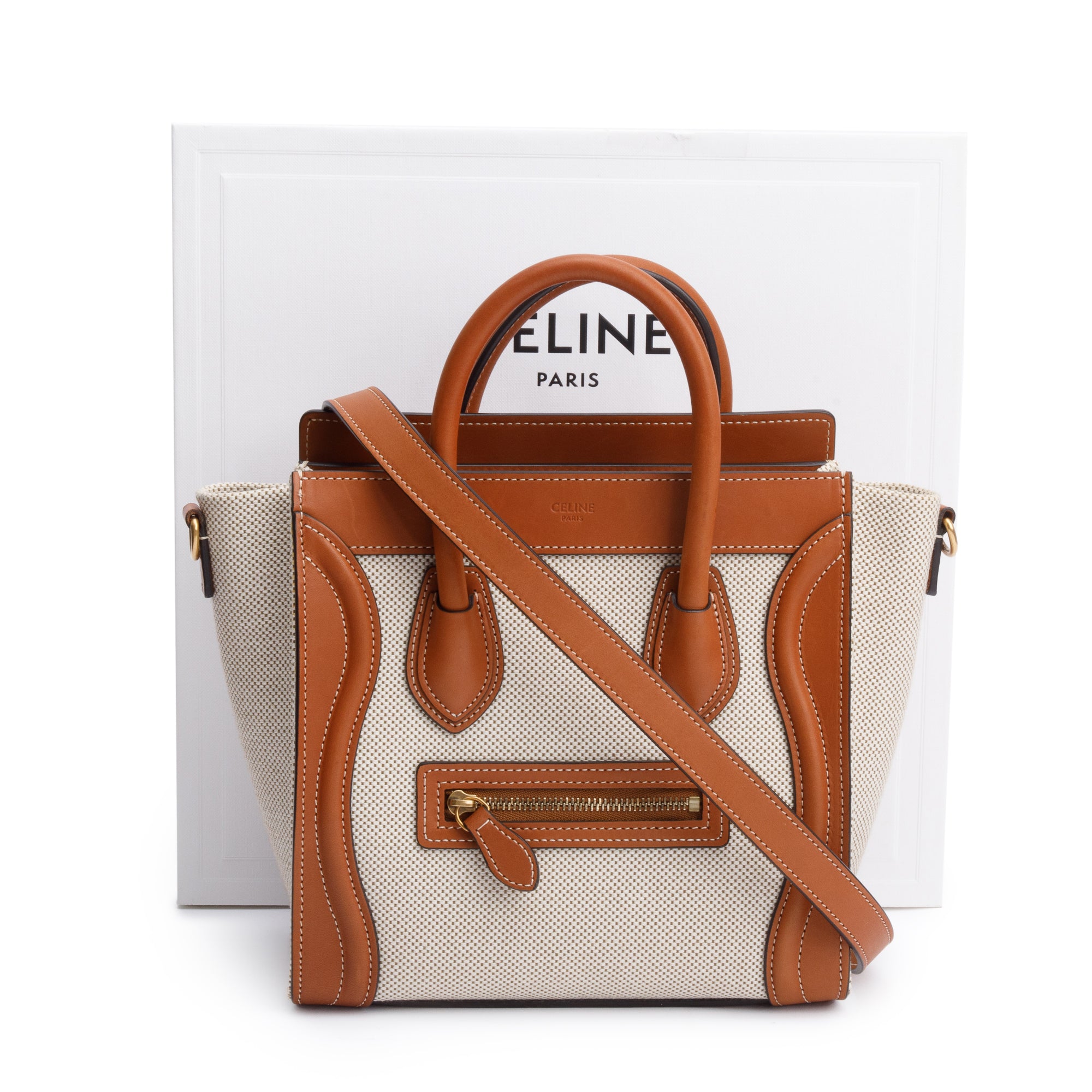 Celine Neutral Canvas Brown Calfskin Leather Nano Luggage Tote w/ Strap & Box
