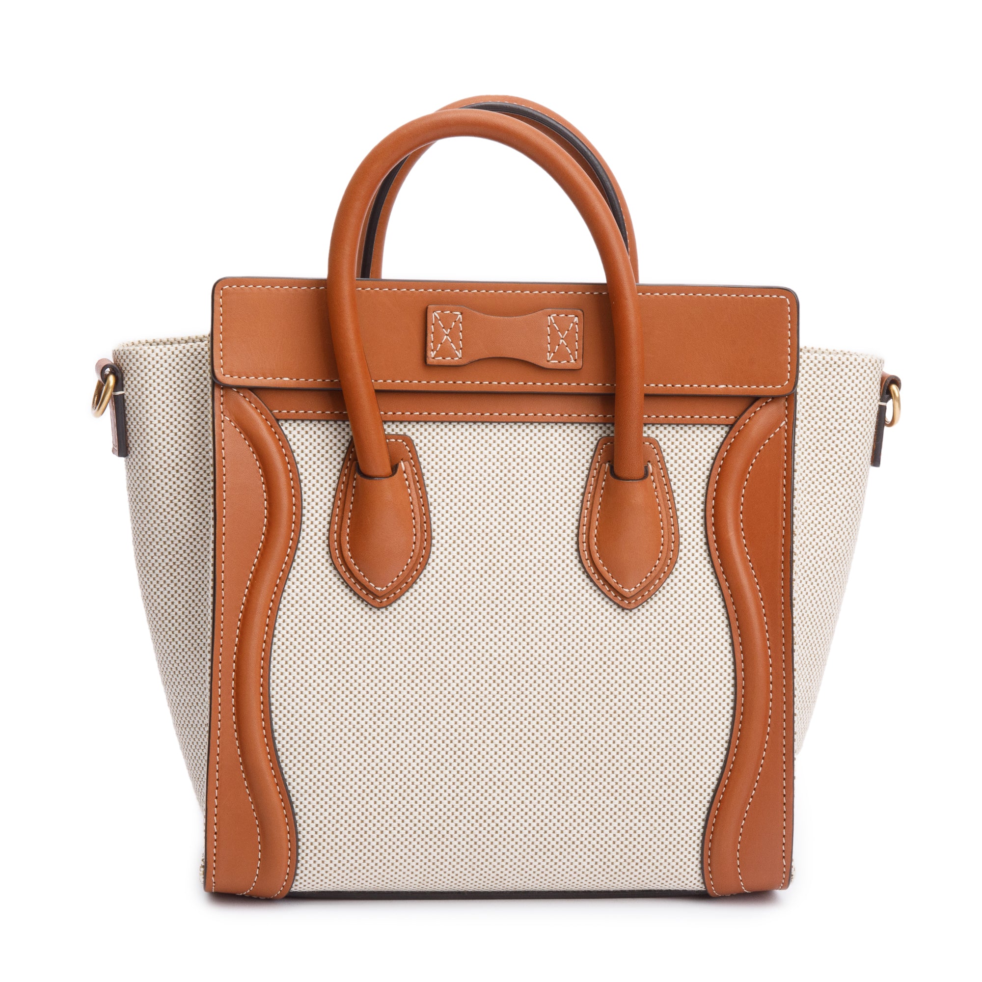 Celine Neutral Canvas Brown Calfskin Leather Nano Luggage Tote w/ Strap & Box
