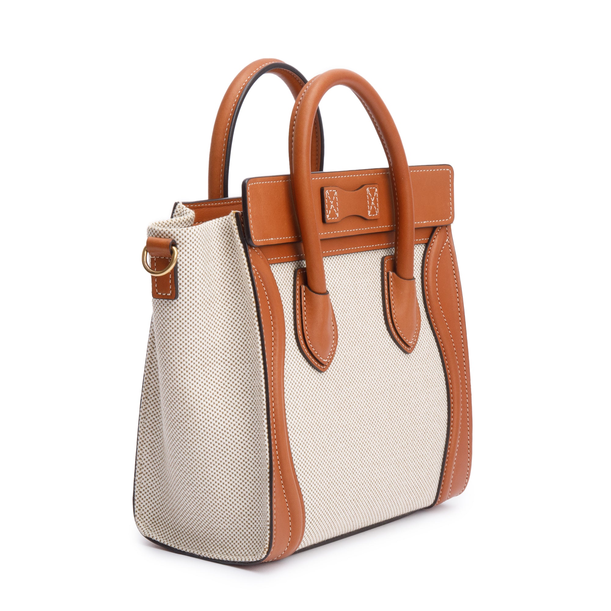 Celine Neutral Canvas Brown Calfskin Leather Nano Luggage Tote w/ Strap & Box