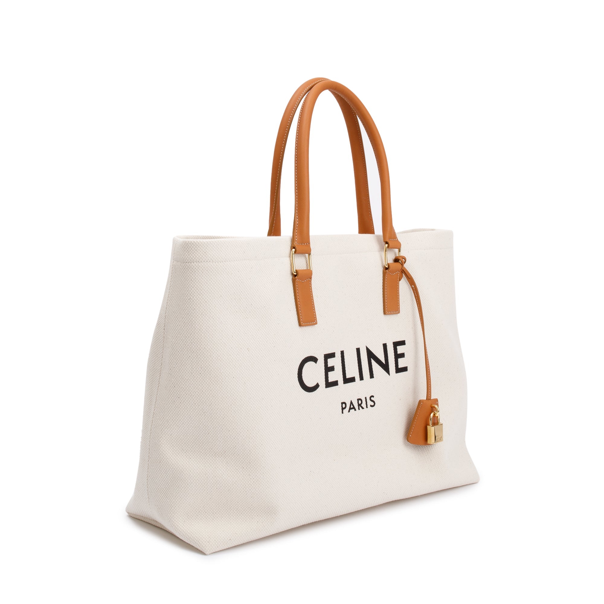 Celine Neutral Canvas Tan Calfskin Leather Horizontal Cabas Tote
