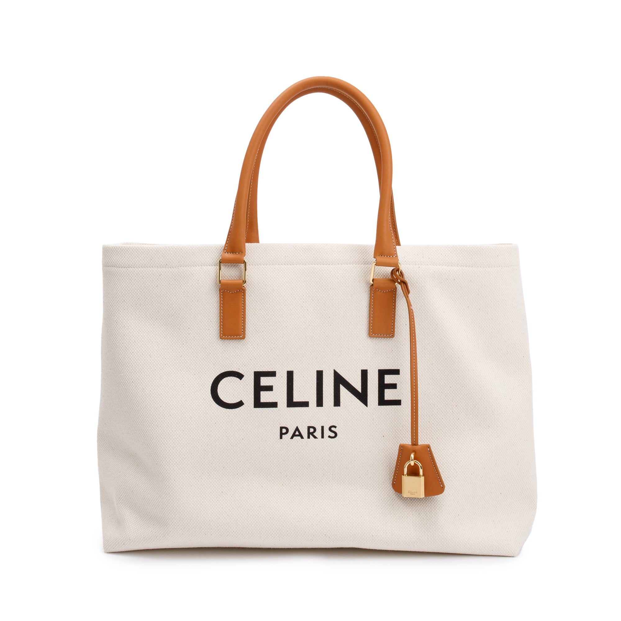 Celine Neutral Canvas Tan Calfskin Leather Horizontal Cabas Tote