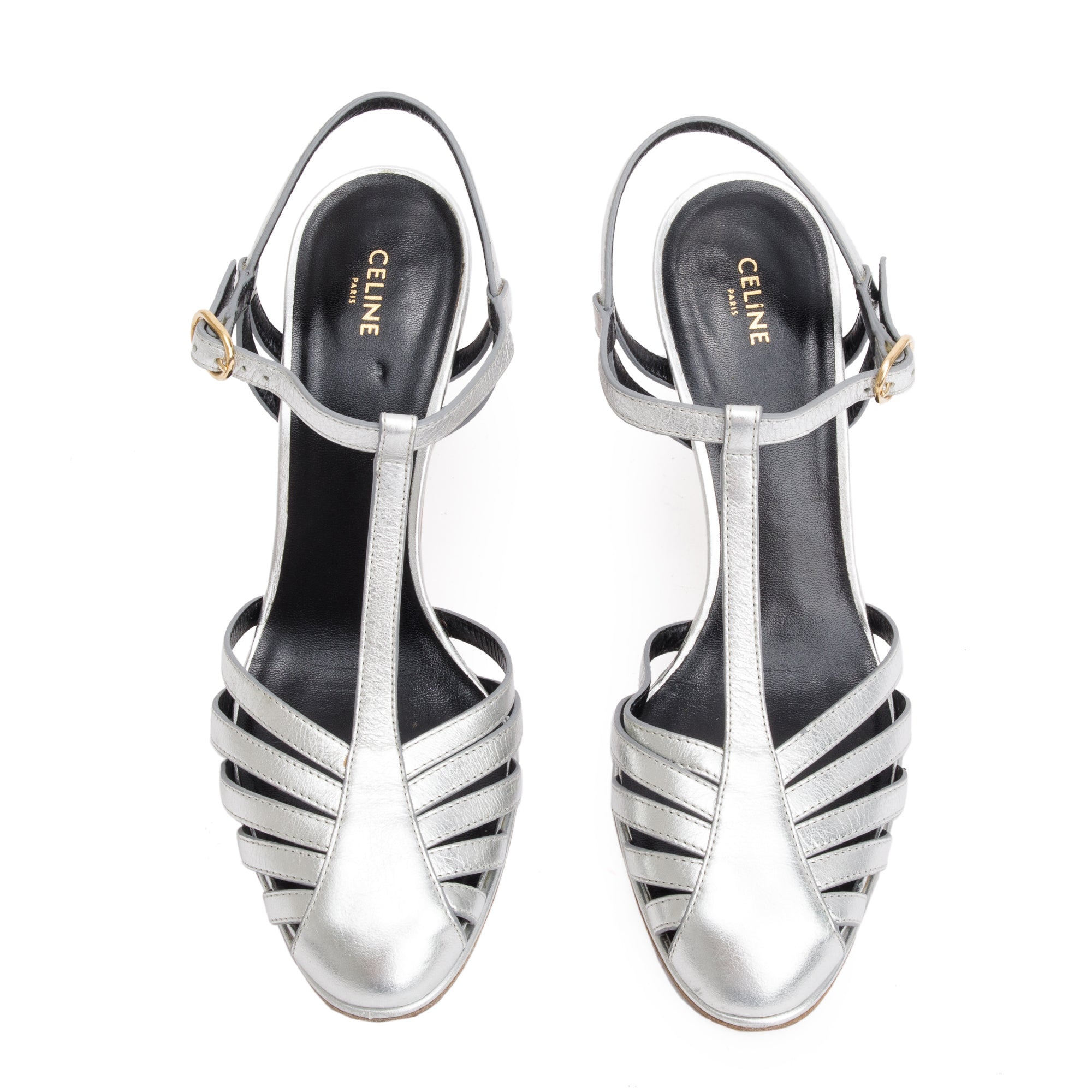 Celine Sliver Metallic Calfskin Leather Claude Sandals, Size 37