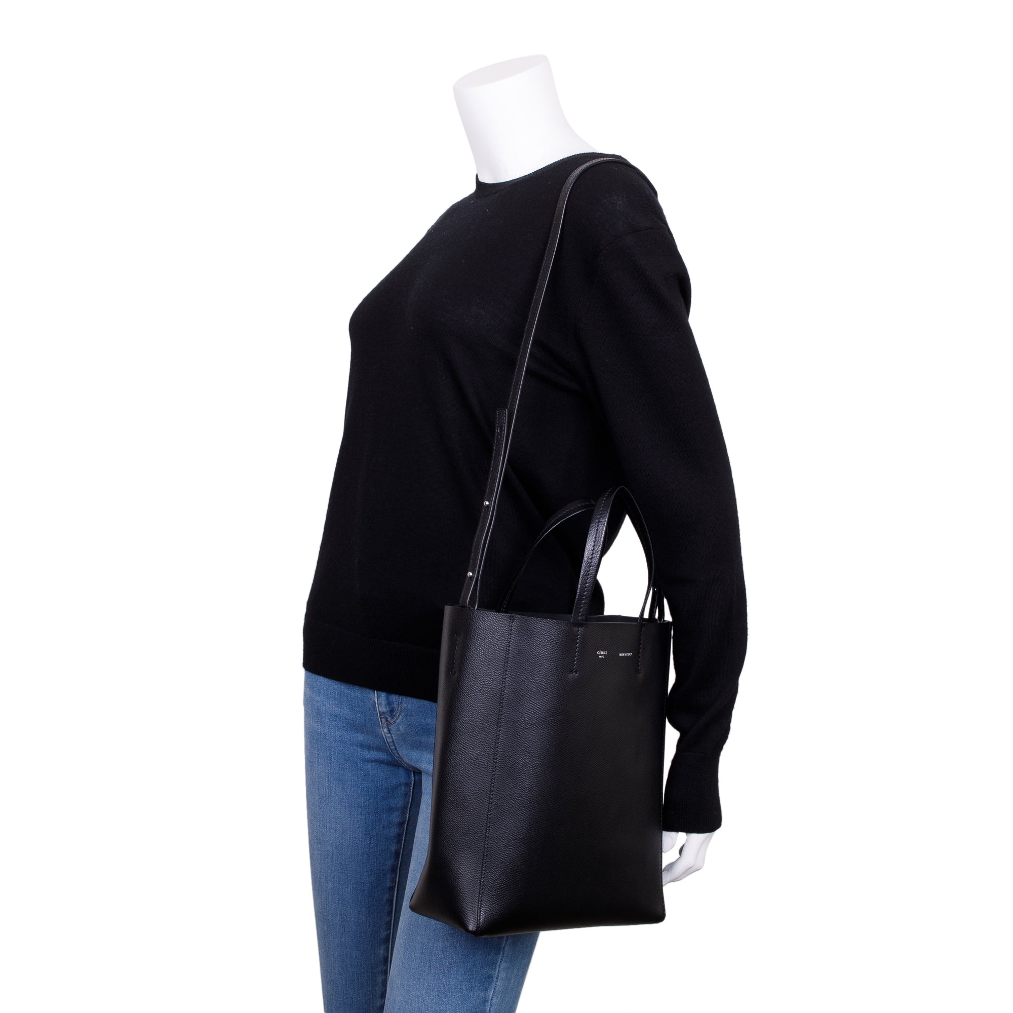 Celine Small Black Grained Calfskin Leather Vertical Cabas Tote w/ Strap