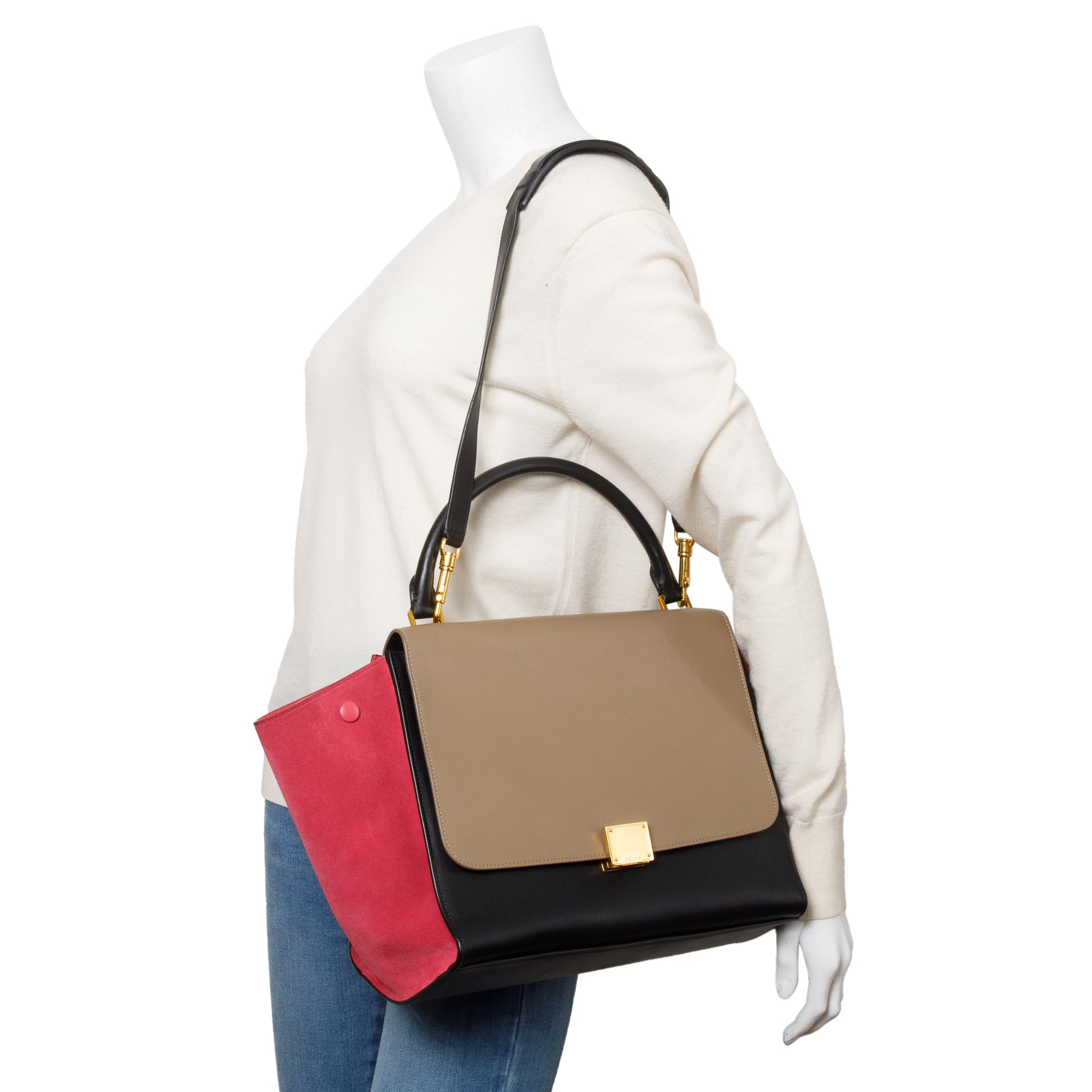 Celine Tricolor Calfskin Leather and Suede Medium Trapeze Bag w/ Strap