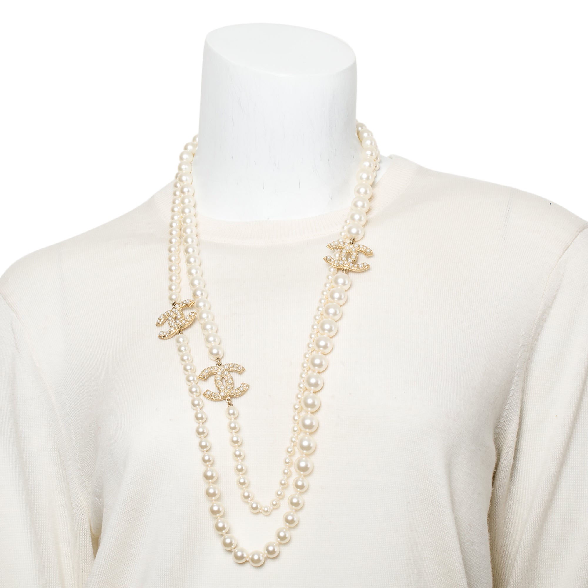Chanel 100th Anniversary Gold-Plated Graduated Faux Pearl CC Station Long Necklace w/ Box