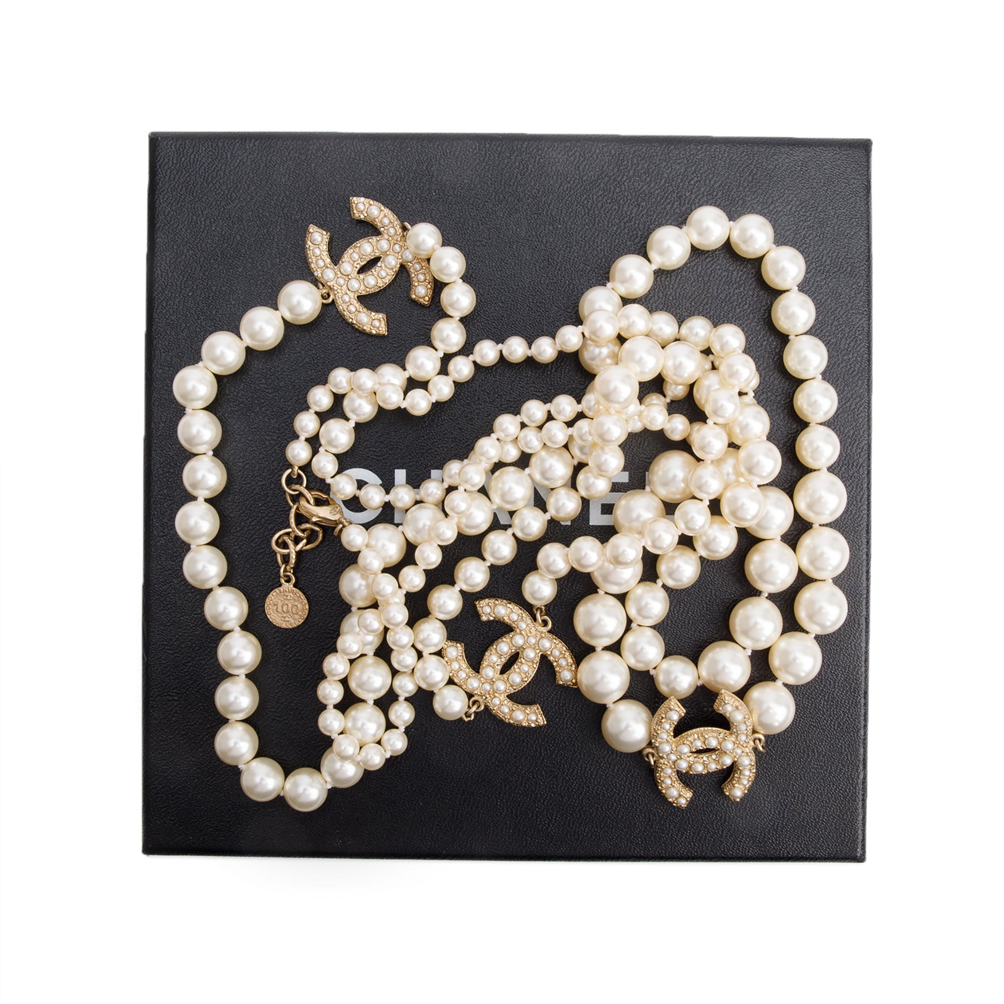 Chanel 100th Anniversary Gold-Plated Graduated Faux Pearl CC Station Long Necklace w/ Box