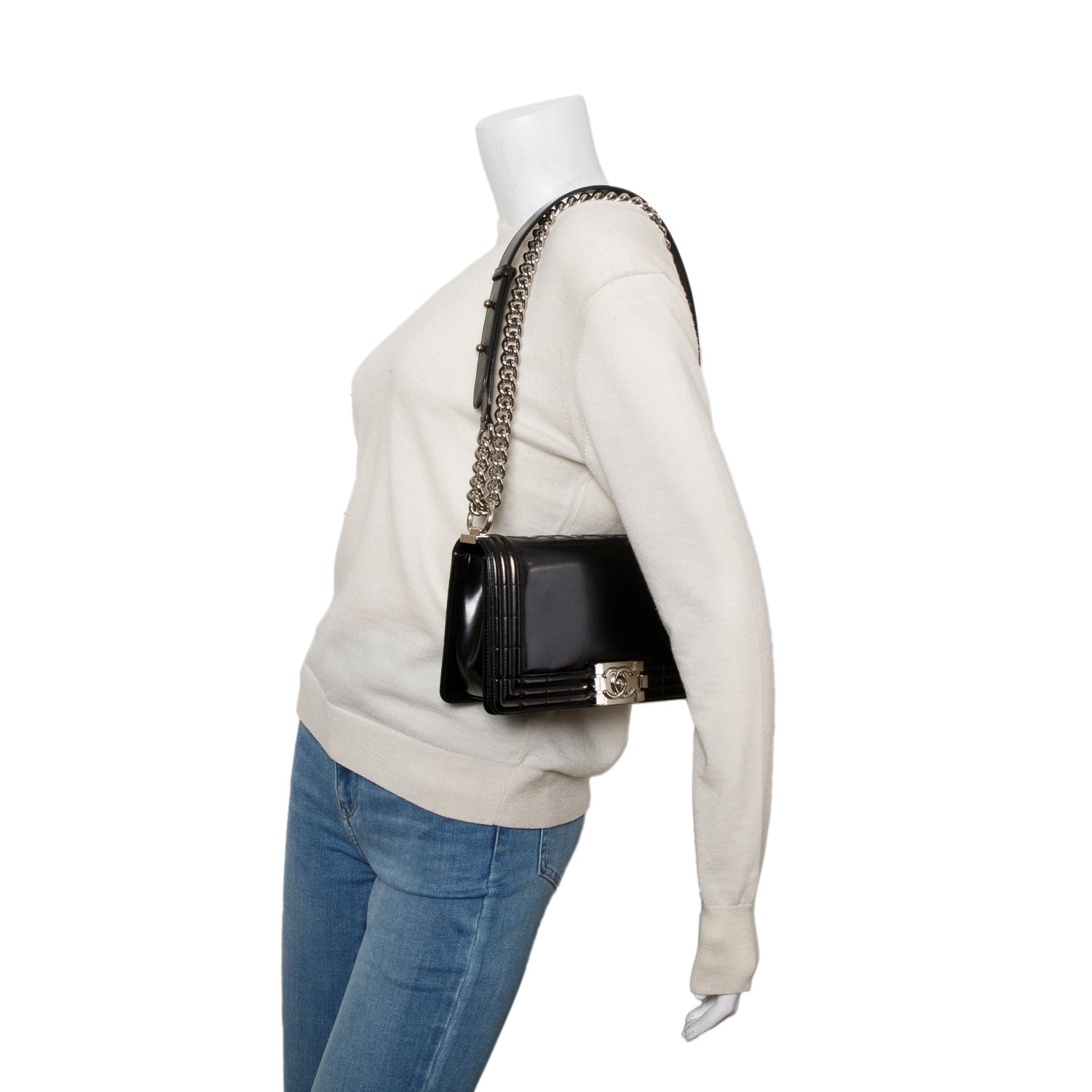 Chanel Black Patent Leather Original Clasp Medium Boy Flap Bag w/ Authenticity Card