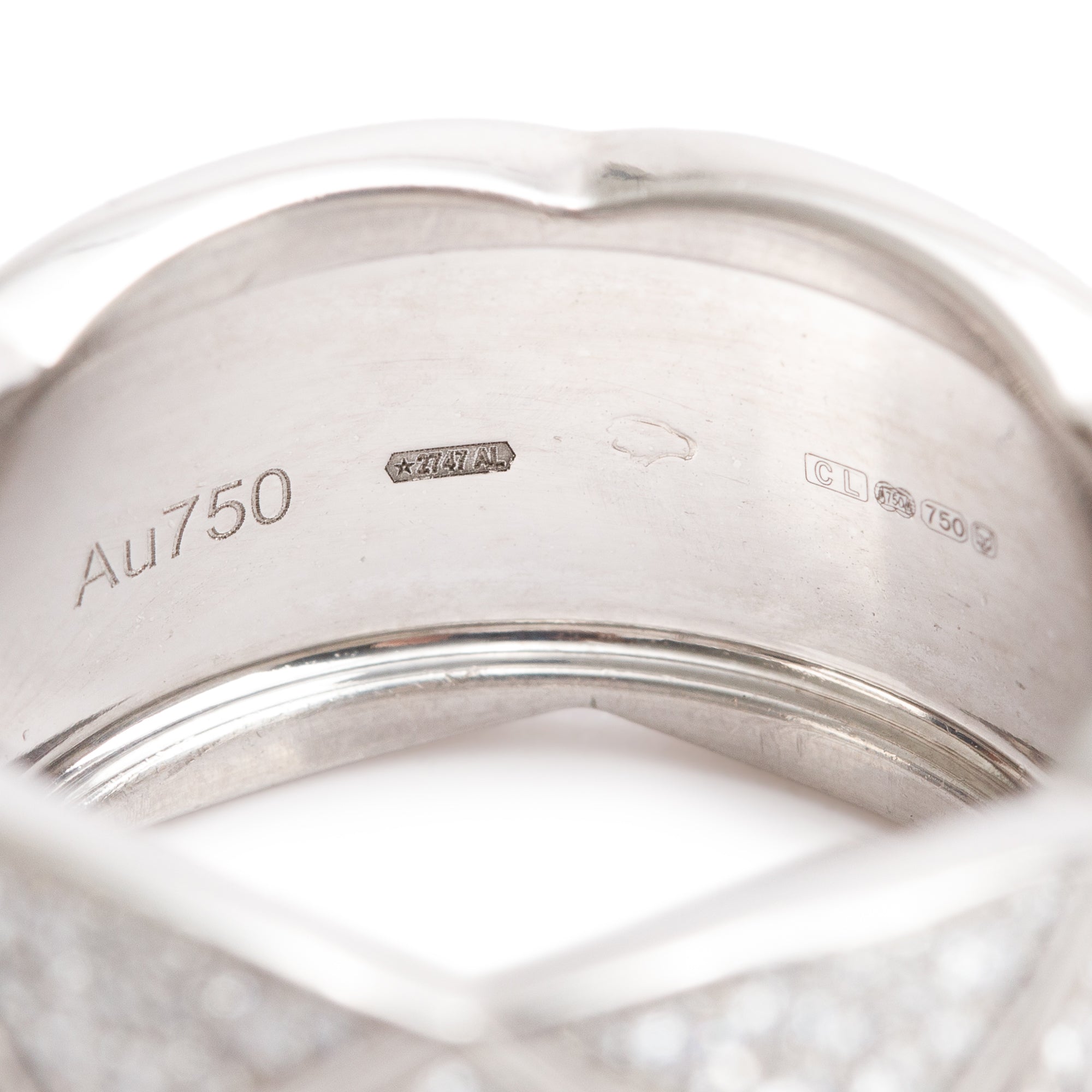 Chanel 18k White Gold Pave Diamond Quilted Coco Crush Band Ring, Size 53 6.5, Large Version