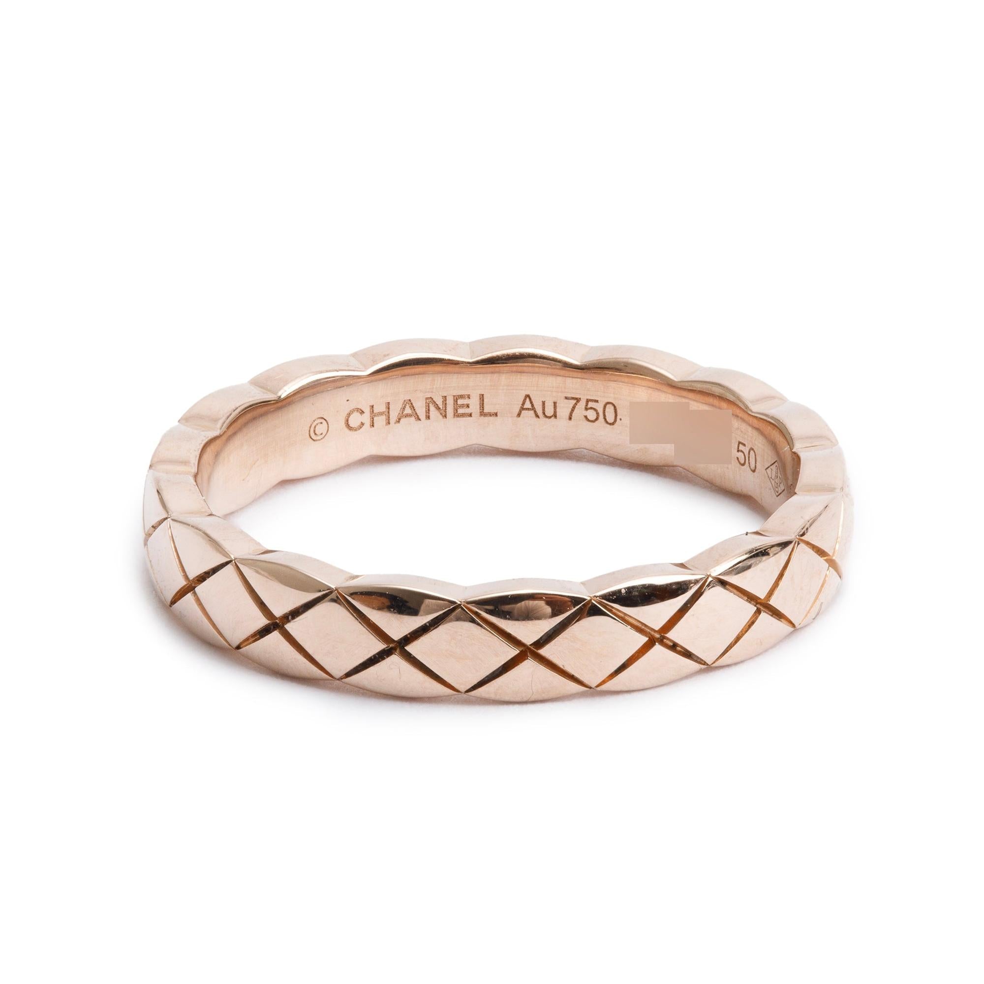 Chanel 18k Yellow Gold Quilted Coco Crush Band Ring, Size 50 5.25, Mini Version w/ Box
