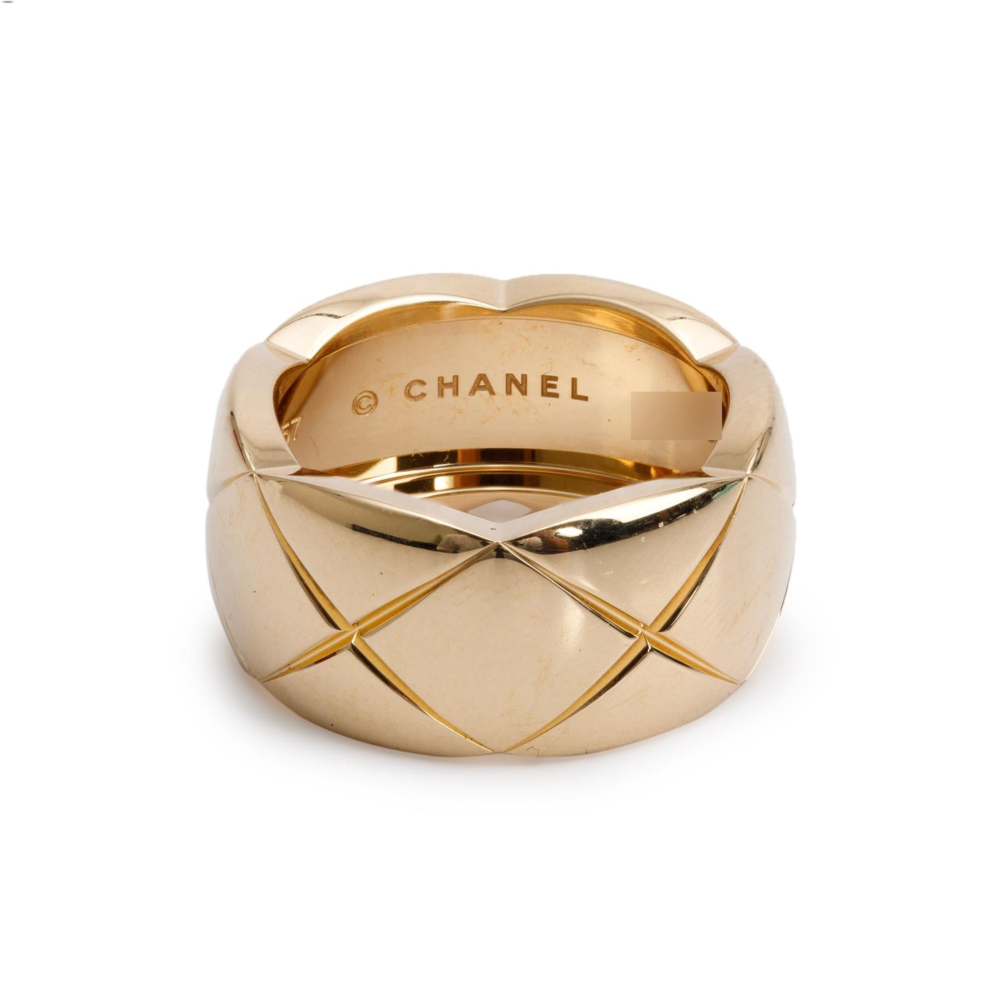 Chanel 18k Yellow Gold Quilted Coco Crush Band Ring, Size 57 8.5, Large Version w/ Box