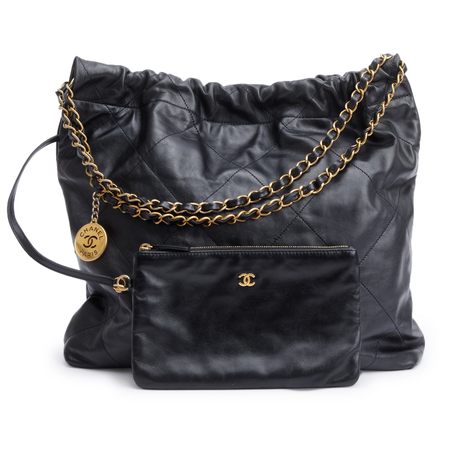 Chanel Black Shiny Calfskin Leather Small Chanel 22 Hobo w/ Pouch