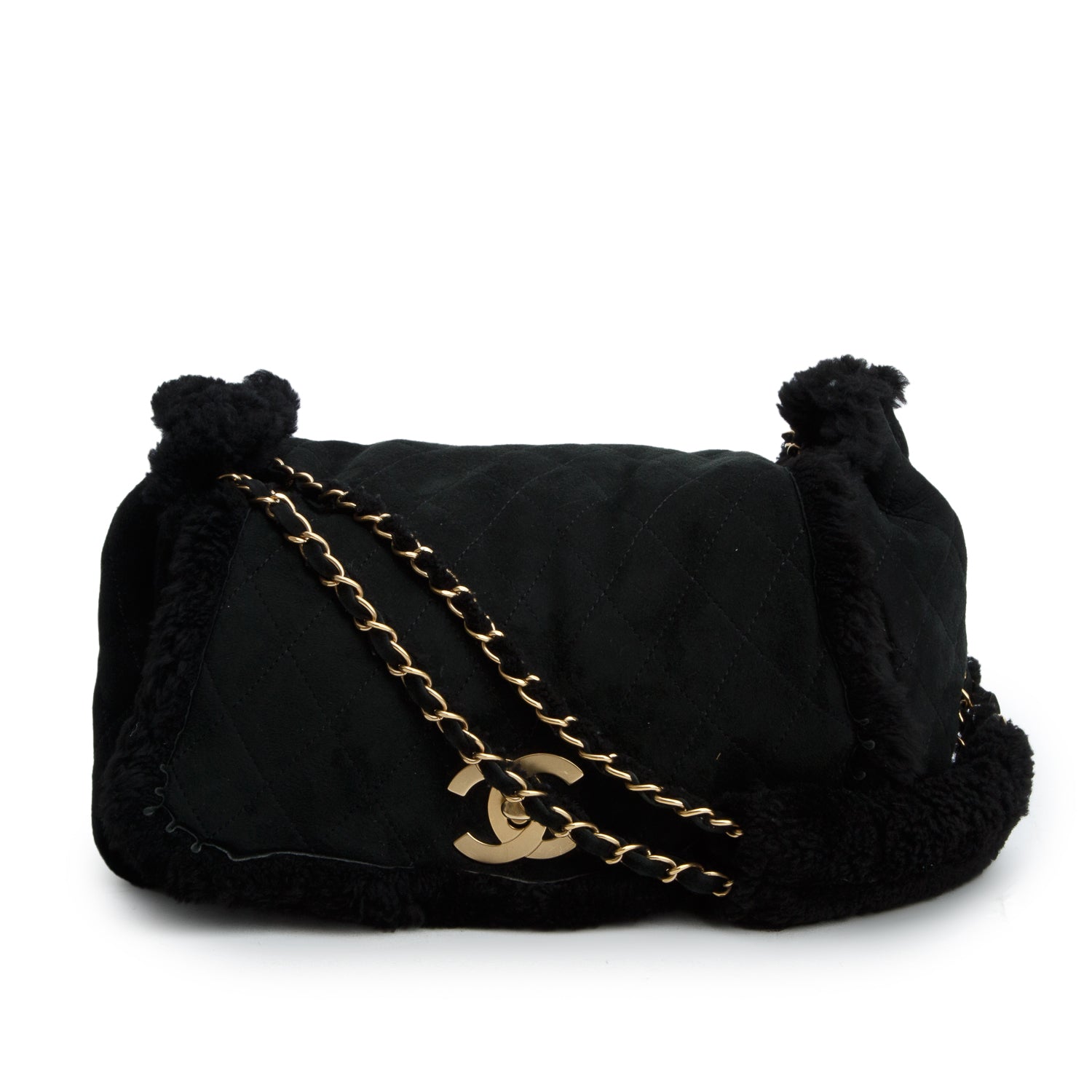 Chanel Black Quilted Nubuck Shearling CC Flap Bag