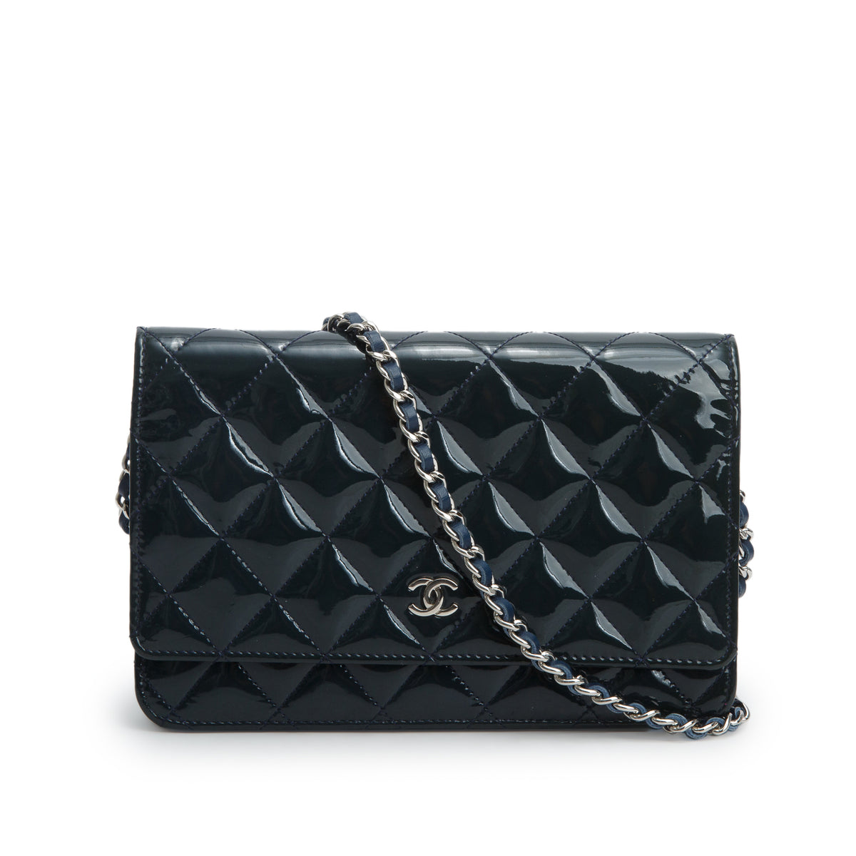 Chanel Blue Patent Leather Quilted Classic Wallet on Chain