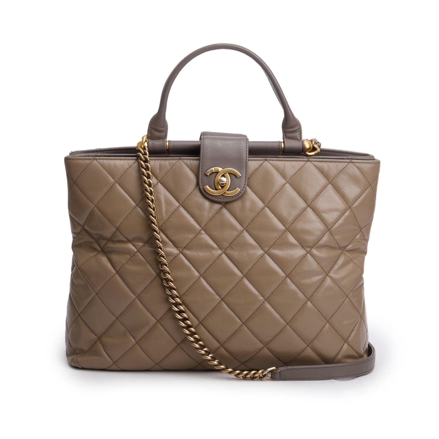 Chanel Grey Calfskin Quilted Large Gold Bar Top Handle Tote