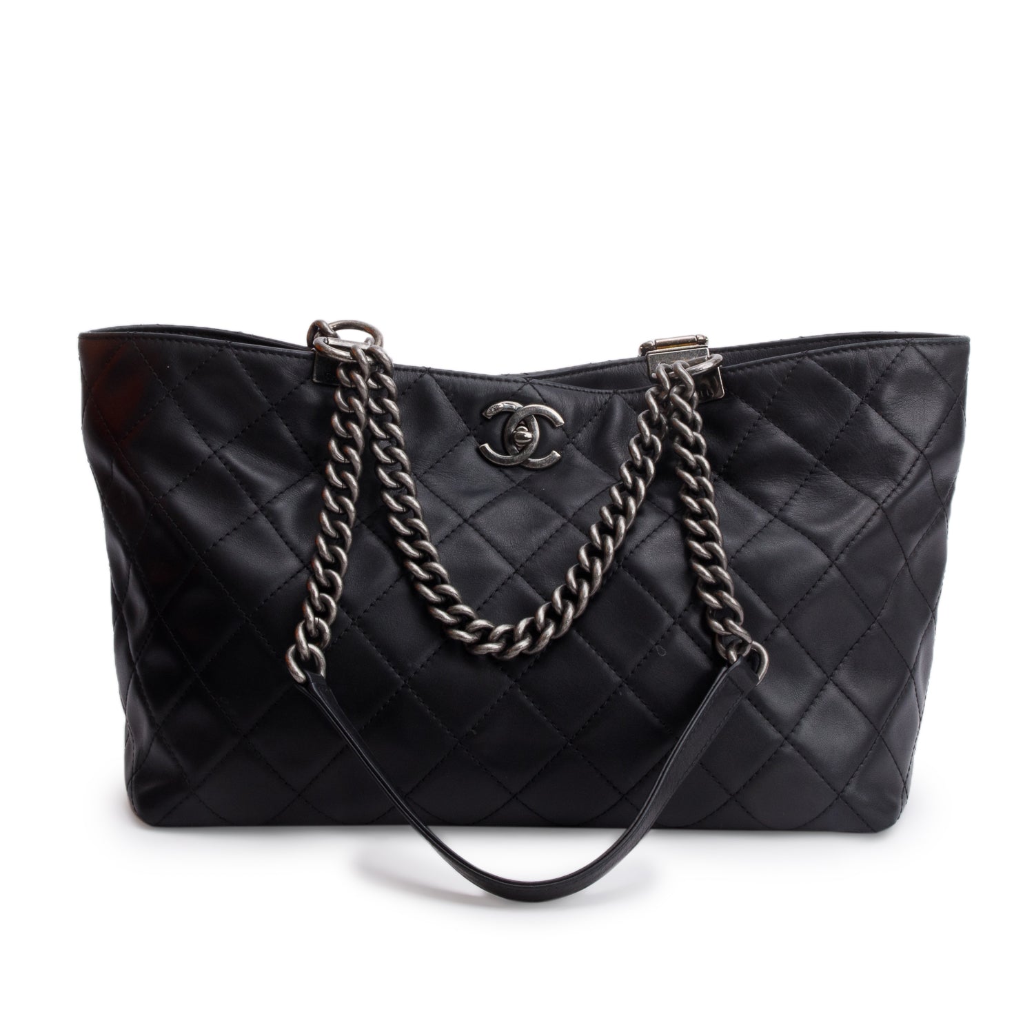 Chanel Black Calfskin Quilted Shopping in Chains Tote