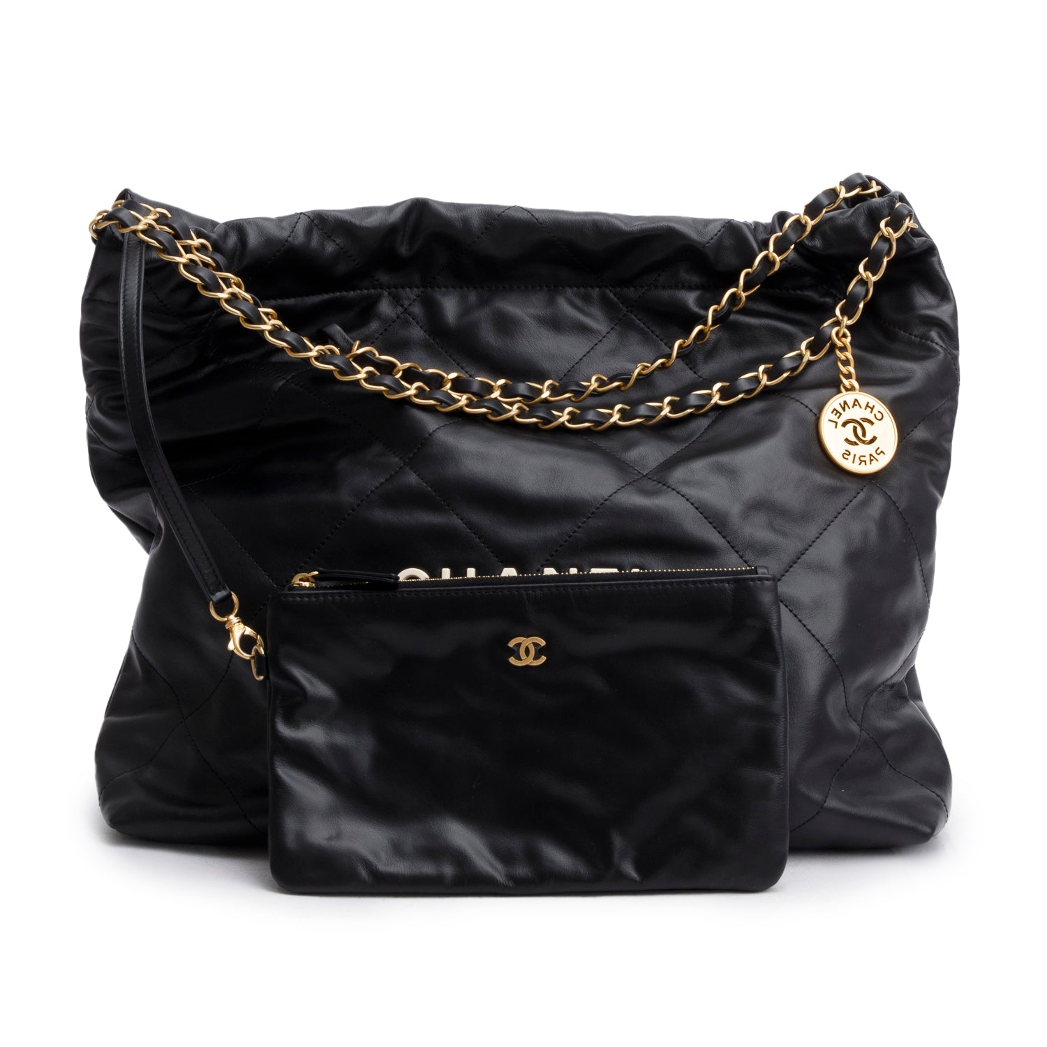 Chanel Black Calfskin Quilted Small 22 Hobo w/ Pouch
