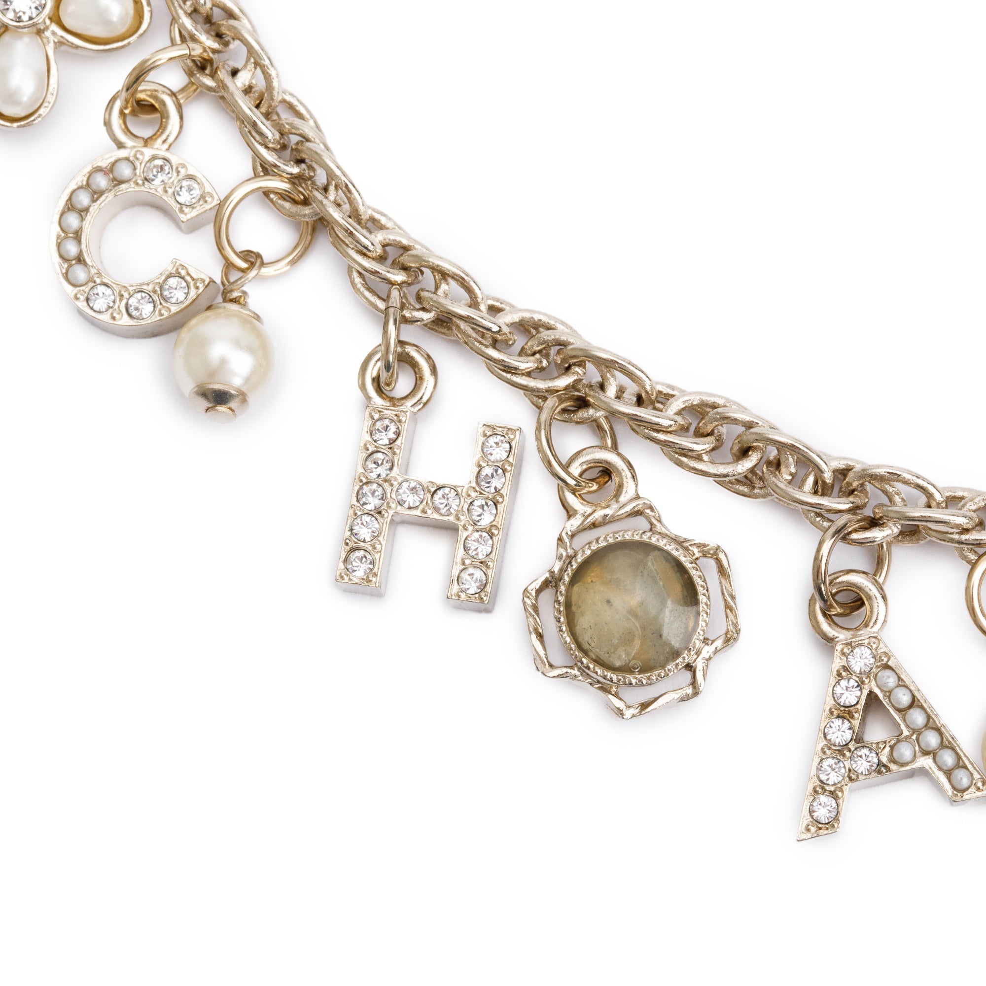 Chanel 2019 Gold-Plated Faux Pearl, Enamel & Strass 'CHANEL' Charm Necklace