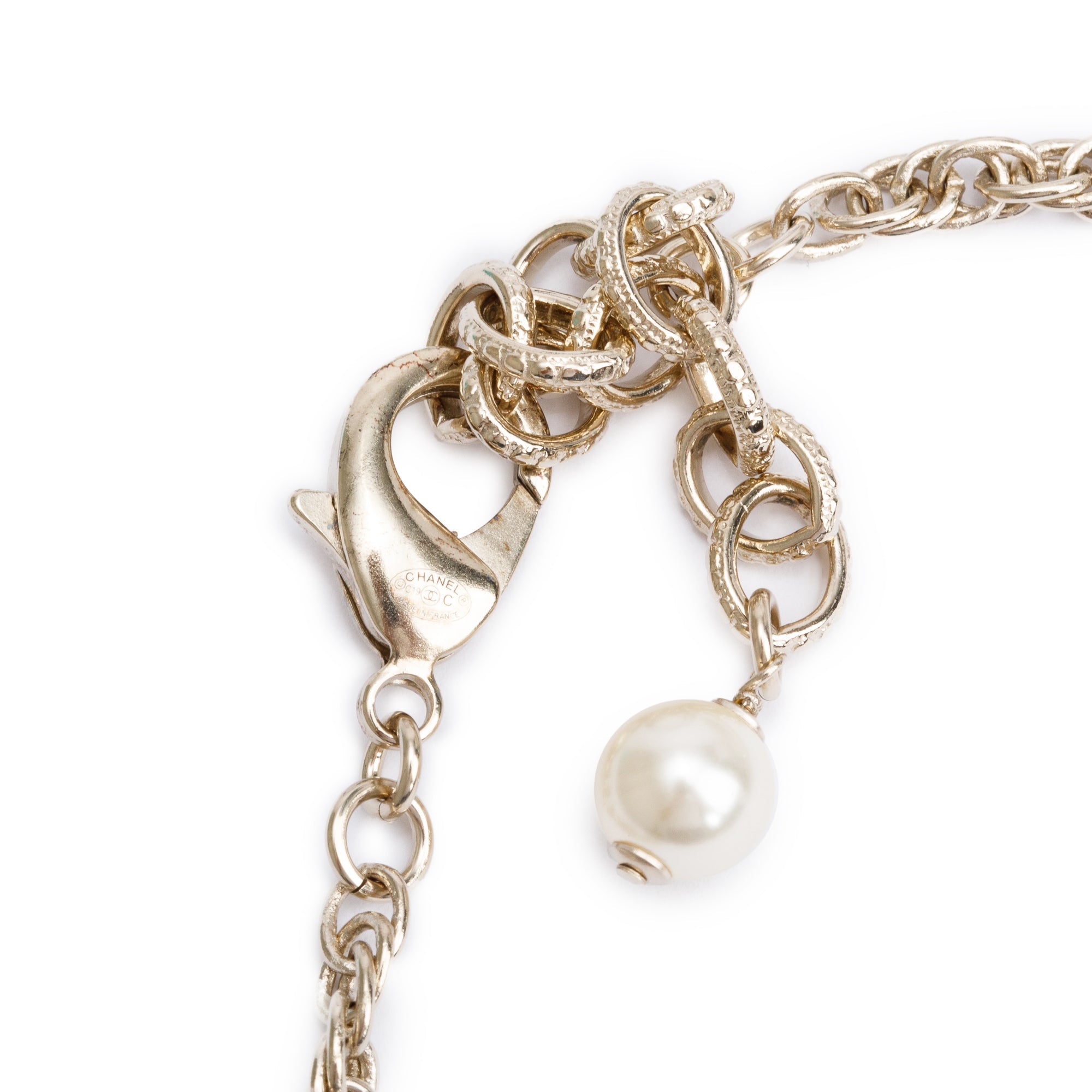 Chanel 2019 Gold-Plated Faux Pearl, Enamel & Strass 'CHANEL' Charm Necklace