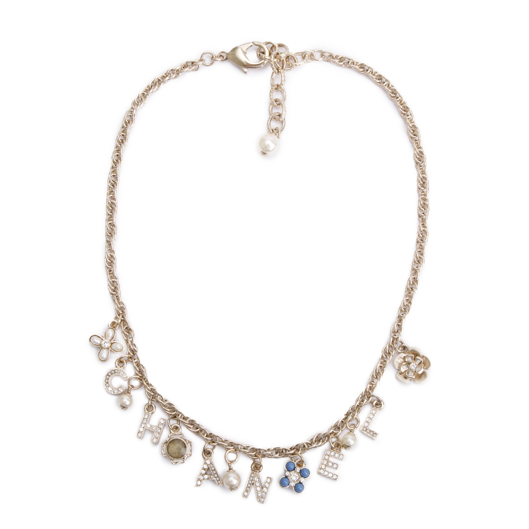 Chanel 2019 Gold-Plated Faux Pearl, Enamel & Strass 'CHANEL' Charm Necklace
