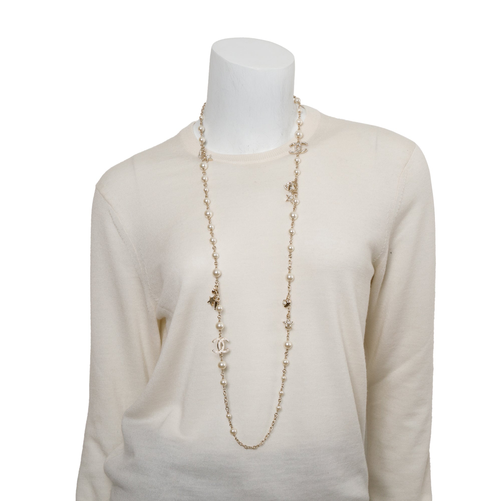 Chanel 2019 Gold-Plated Faux Pearl & Strass Star, Heart, No.5 Charm CC Long Necklace w/ Pouch