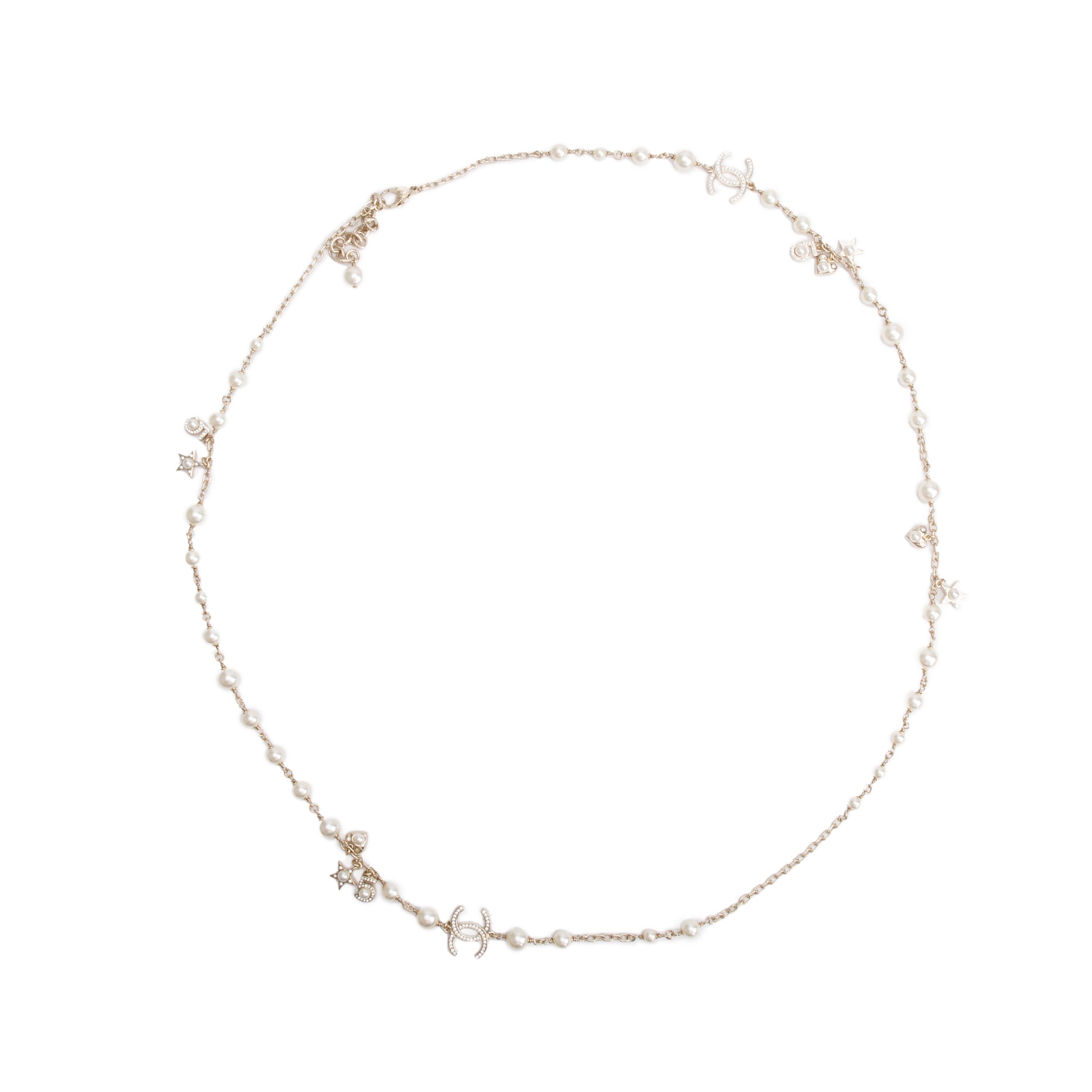 Chanel 2019 Gold-Plated Faux Pearl & Strass Star, Heart, No.5 Charm CC Long Necklace w/ Pouch