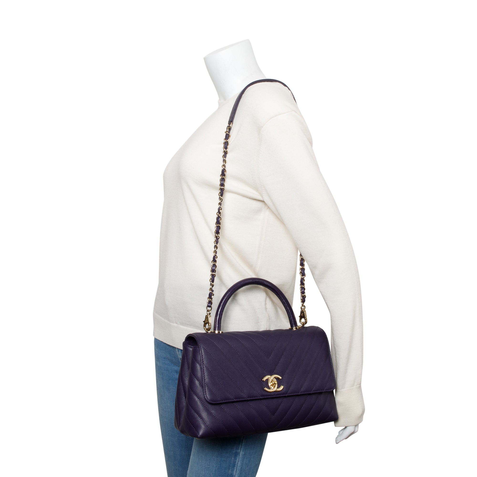 Chanel 202 Purple Chevron Quilted Caviar Leather Coco Top Handle Flap Bag w/ Strap, Box & Authenticity Card