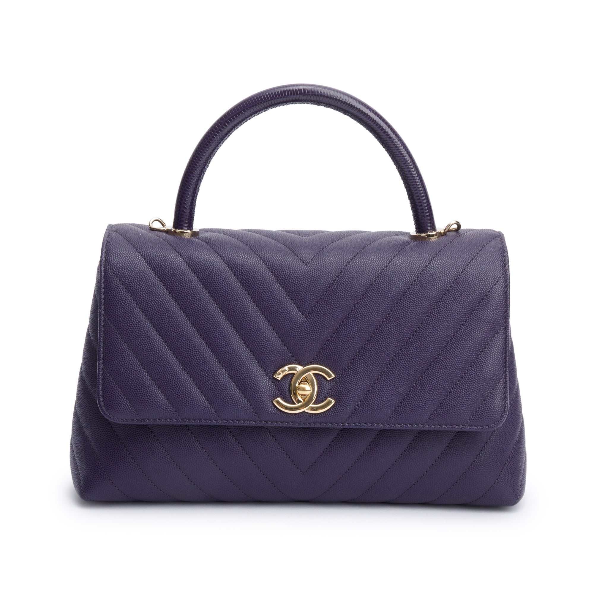 Chanel 202 Purple Chevron Quilted Caviar Leather Coco Top Handle Flap Bag w/ Strap, Box & Authenticity Card
