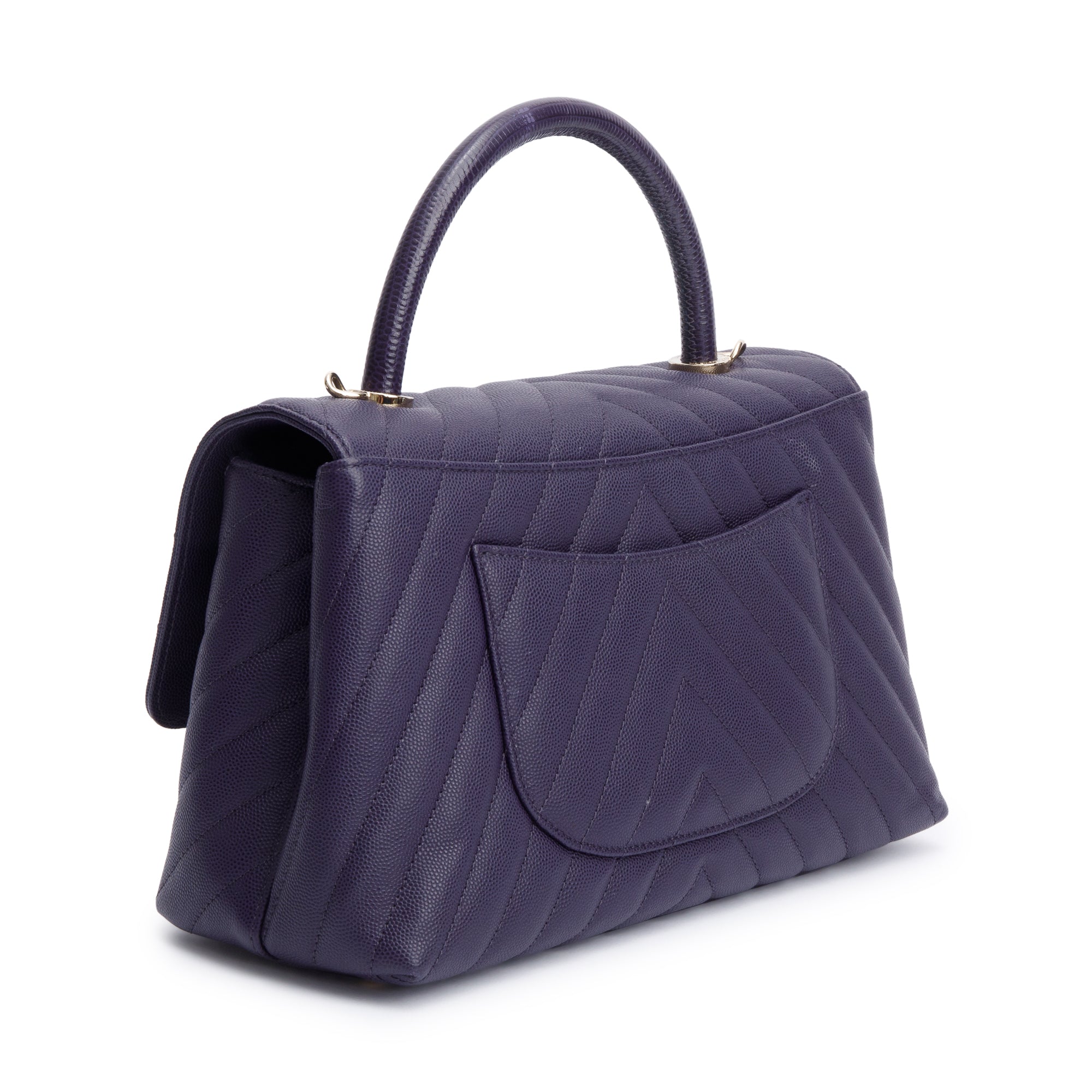 Chanel 202 Purple Chevron Quilted Caviar Leather Coco Top Handle Flap Bag w/ Strap, Box & Authenticity Card