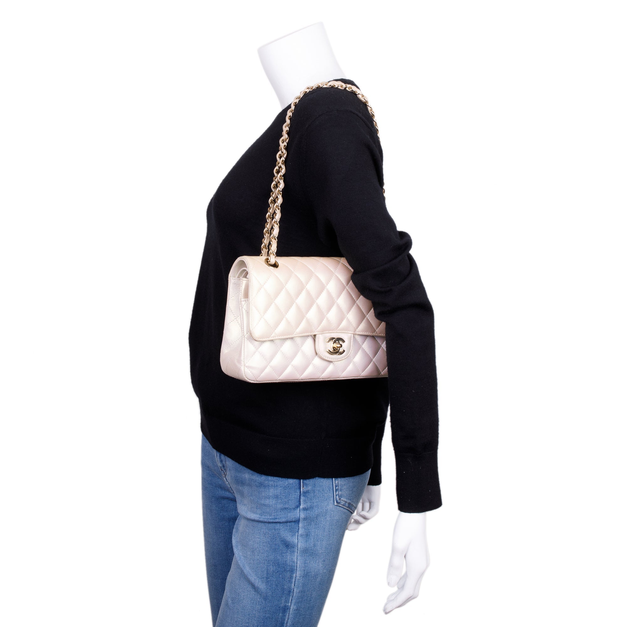 Chanel 2020 Beige Iridescent Calfskin Leather Classic Medium Double Flap Bag