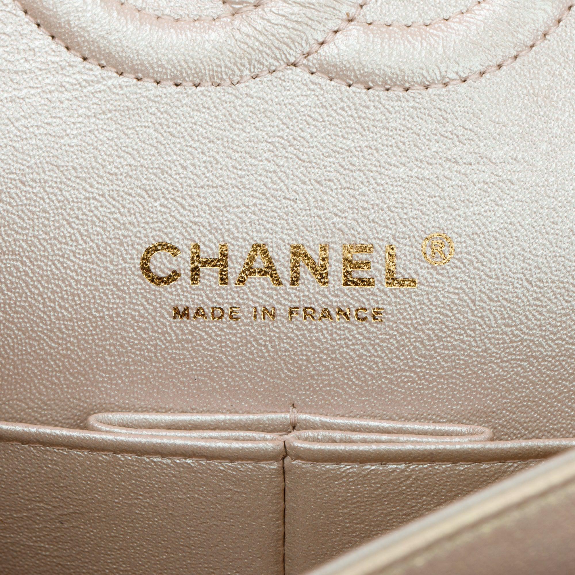 Chanel 2020 Beige Iridescent Calfskin Leather Classic Medium Double Flap Bag