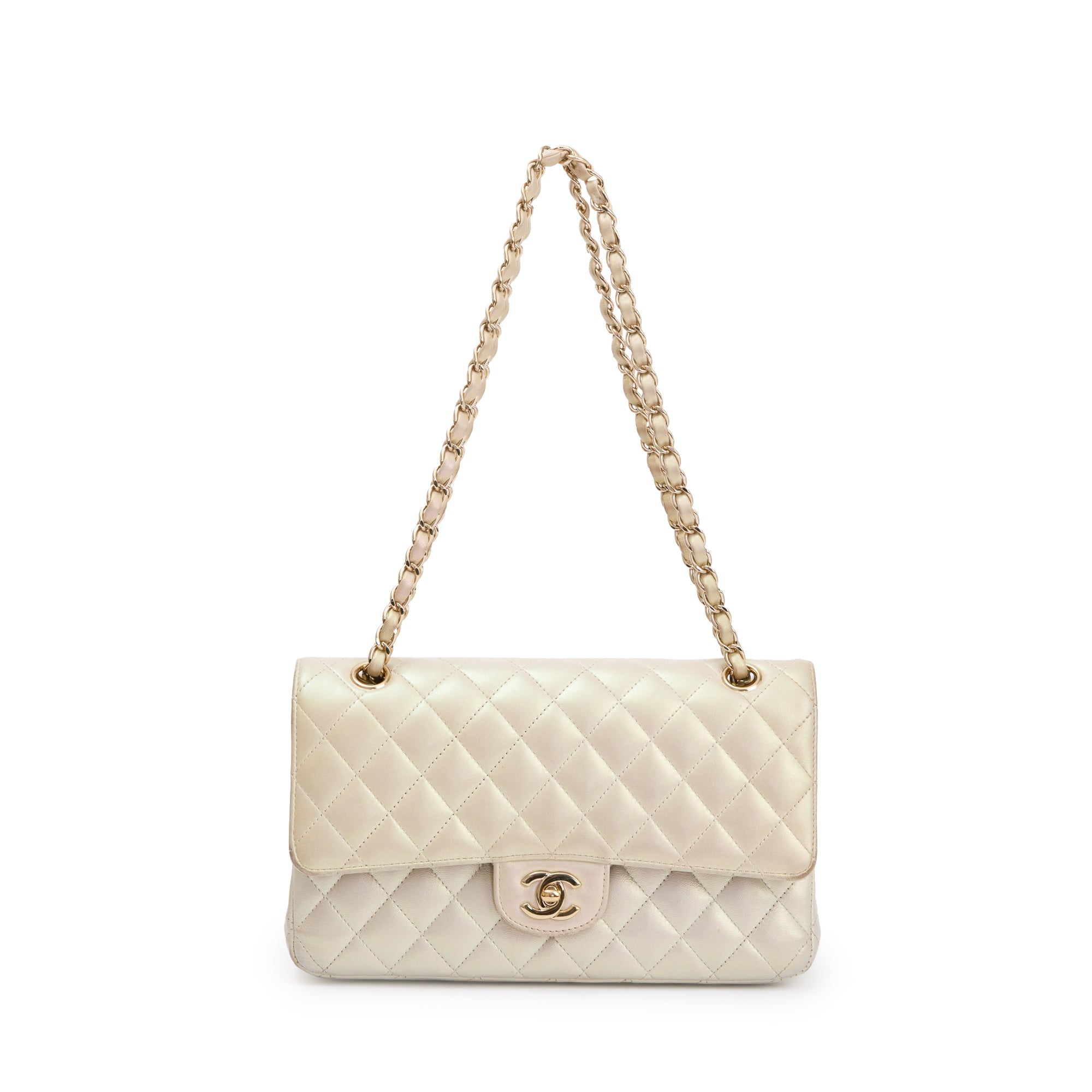 Chanel 2020 Beige Iridescent Calfskin Leather Classic Medium Double Flap Bag