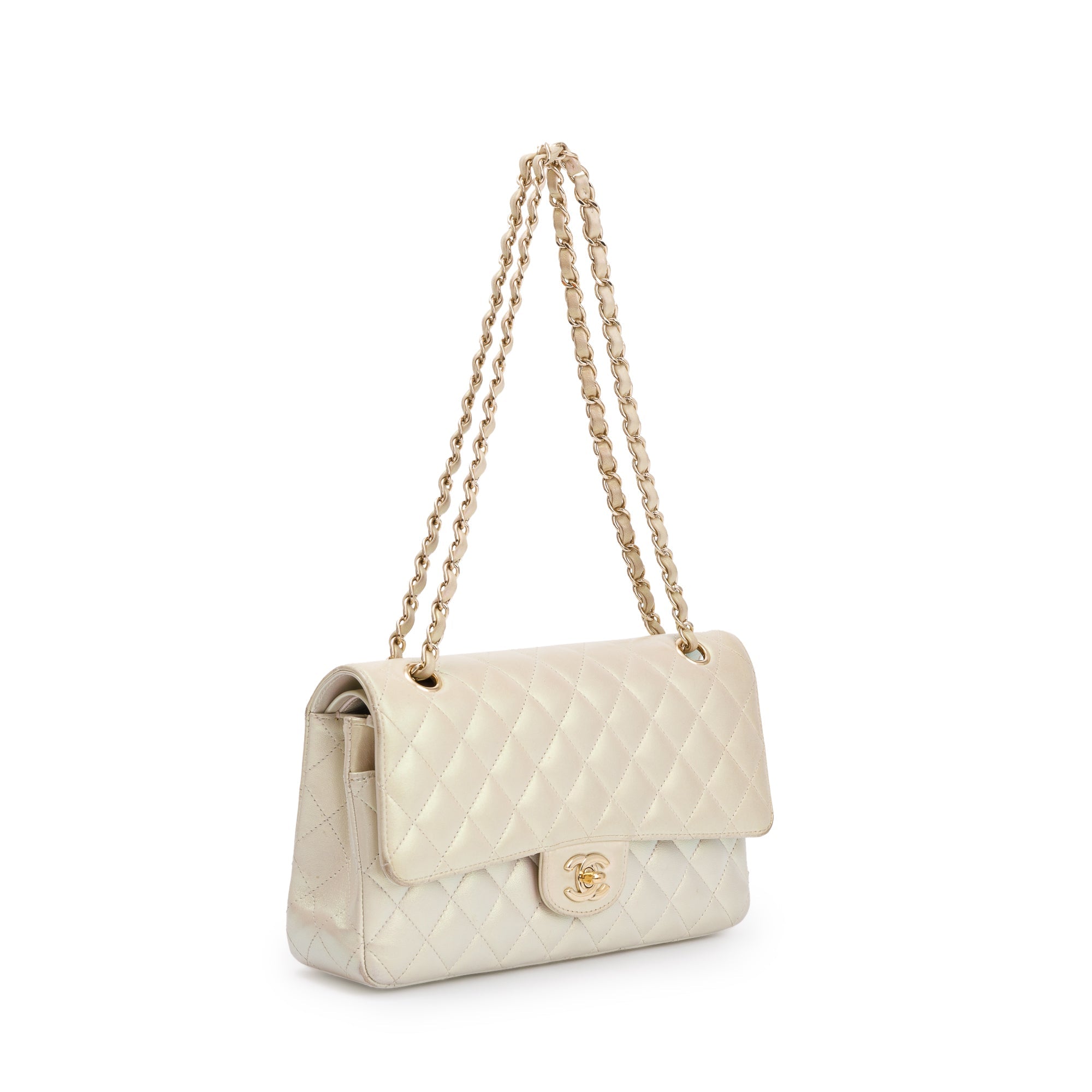 Chanel 2020 Beige Iridescent Calfskin Leather Classic Medium Double Flap Bag
