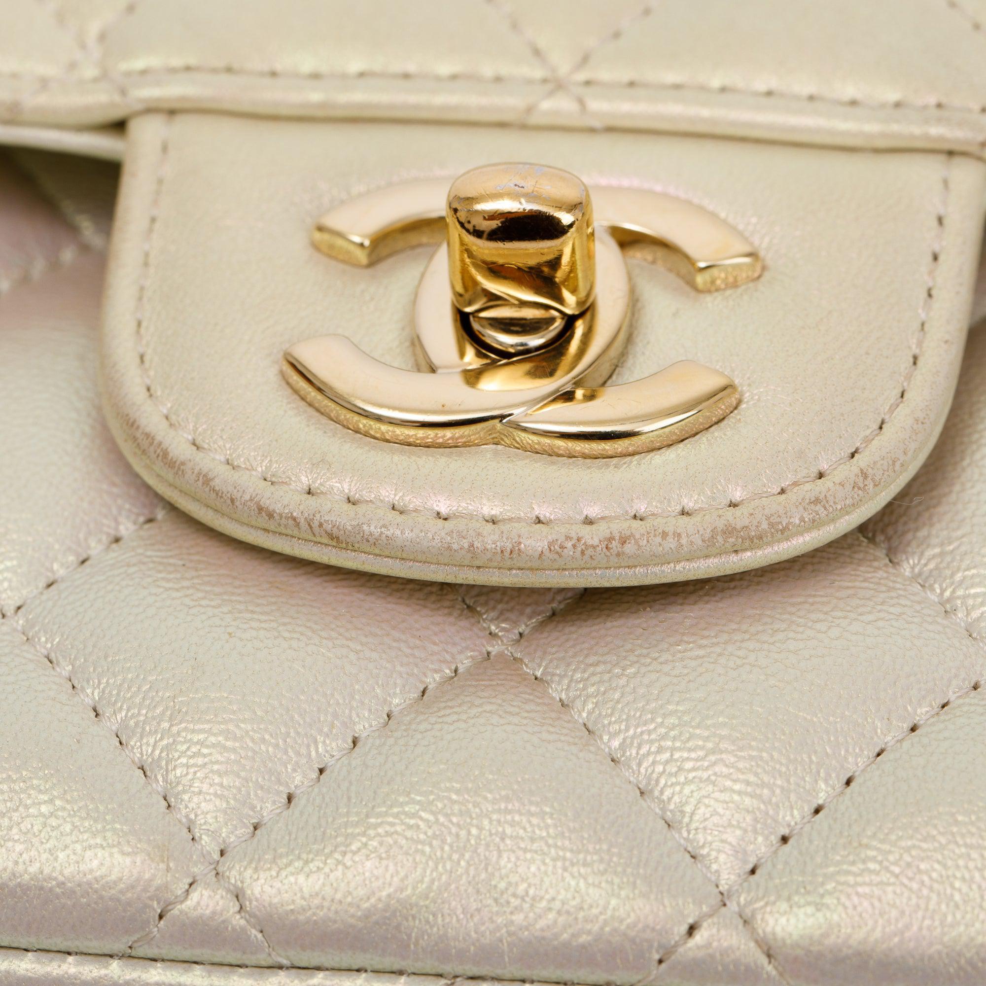 Chanel 2020 Beige Iridescent Calfskin Leather Classic Medium Double Flap Bag