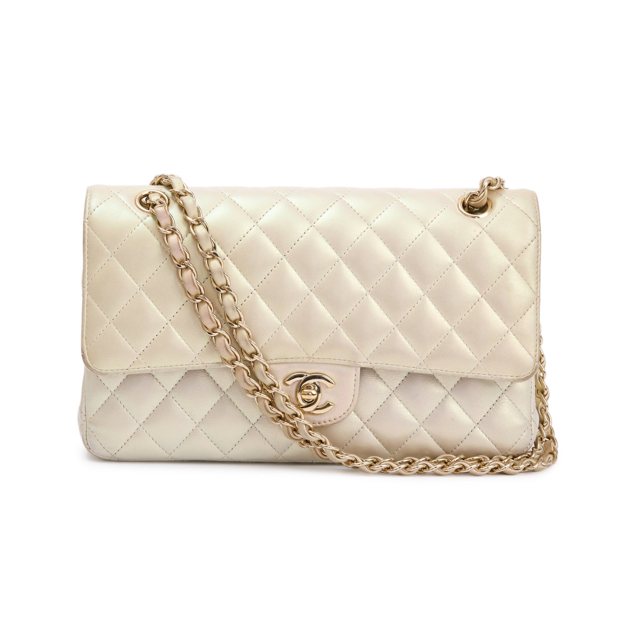 Chanel 2020 Beige Iridescent Calfskin Leather Classic Medium Double Flap Bag