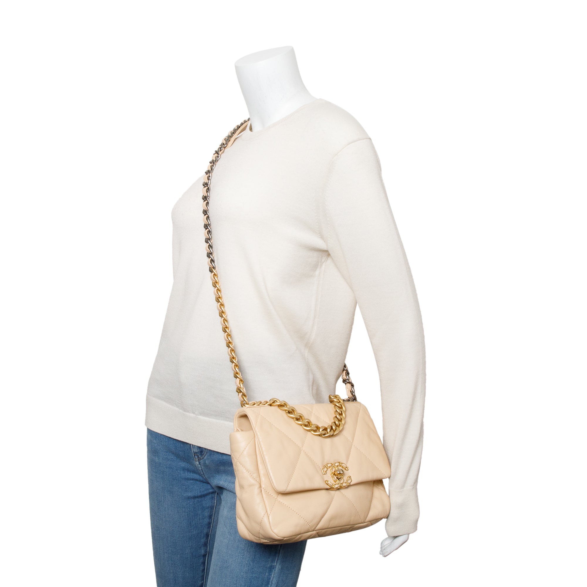 Chanel 2020 Beige Lambskin Leather Medium 19 Flap Bag w/ Authenticity Card