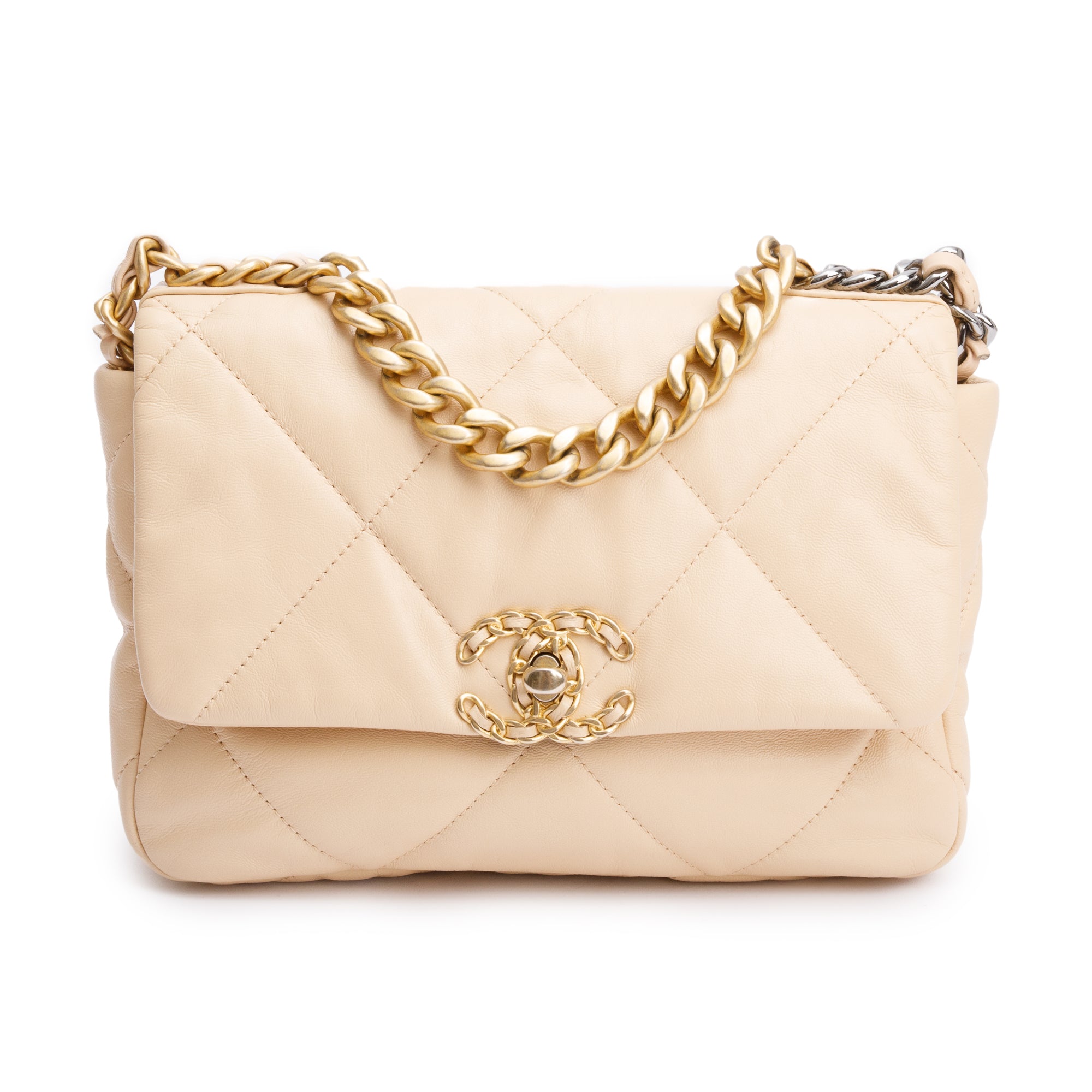 Chanel 2020 Beige Lambskin Leather Medium 19 Flap Bag w/ Authenticity Card