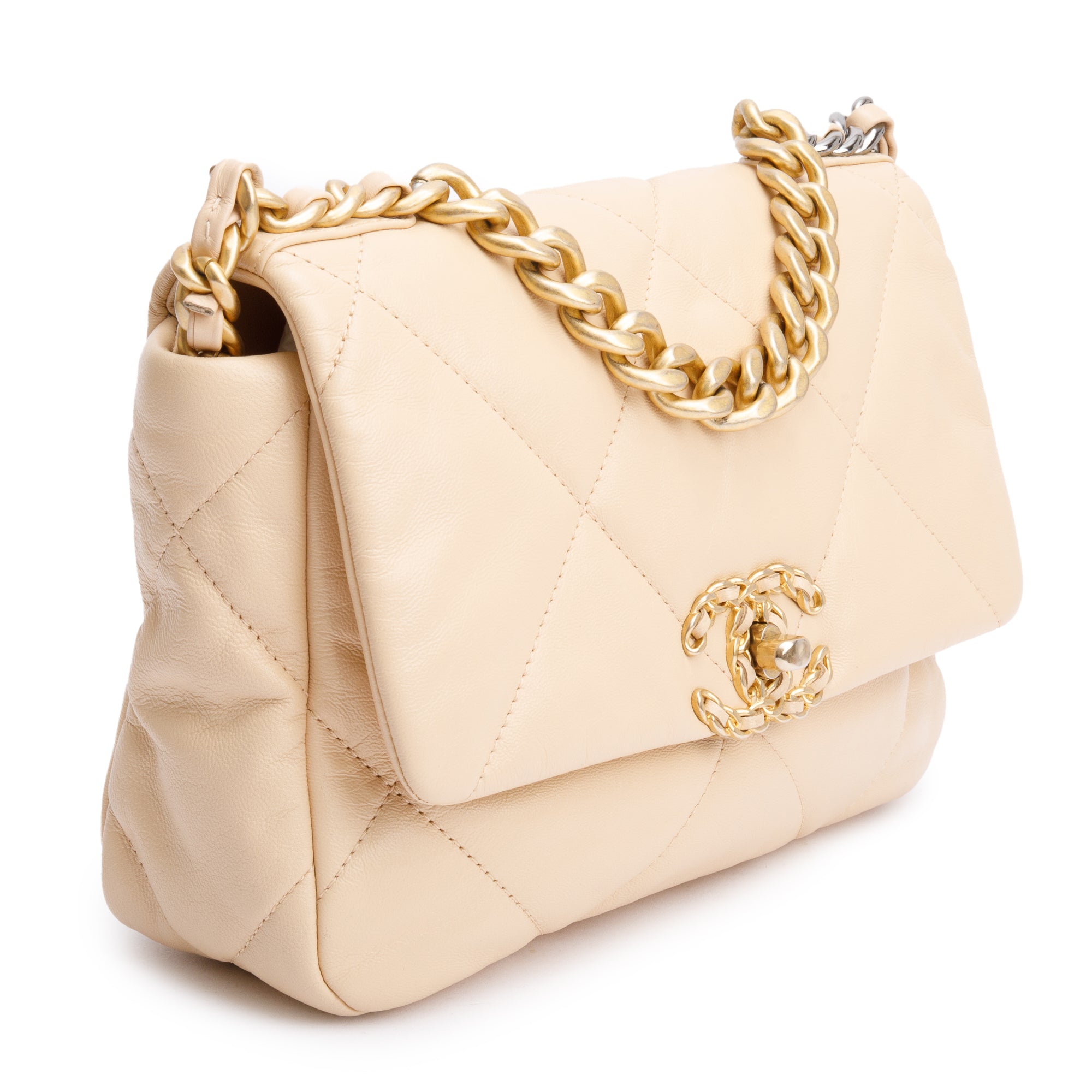 Chanel 2020 Beige Lambskin Leather Medium 19 Flap Bag w/ Authenticity Card