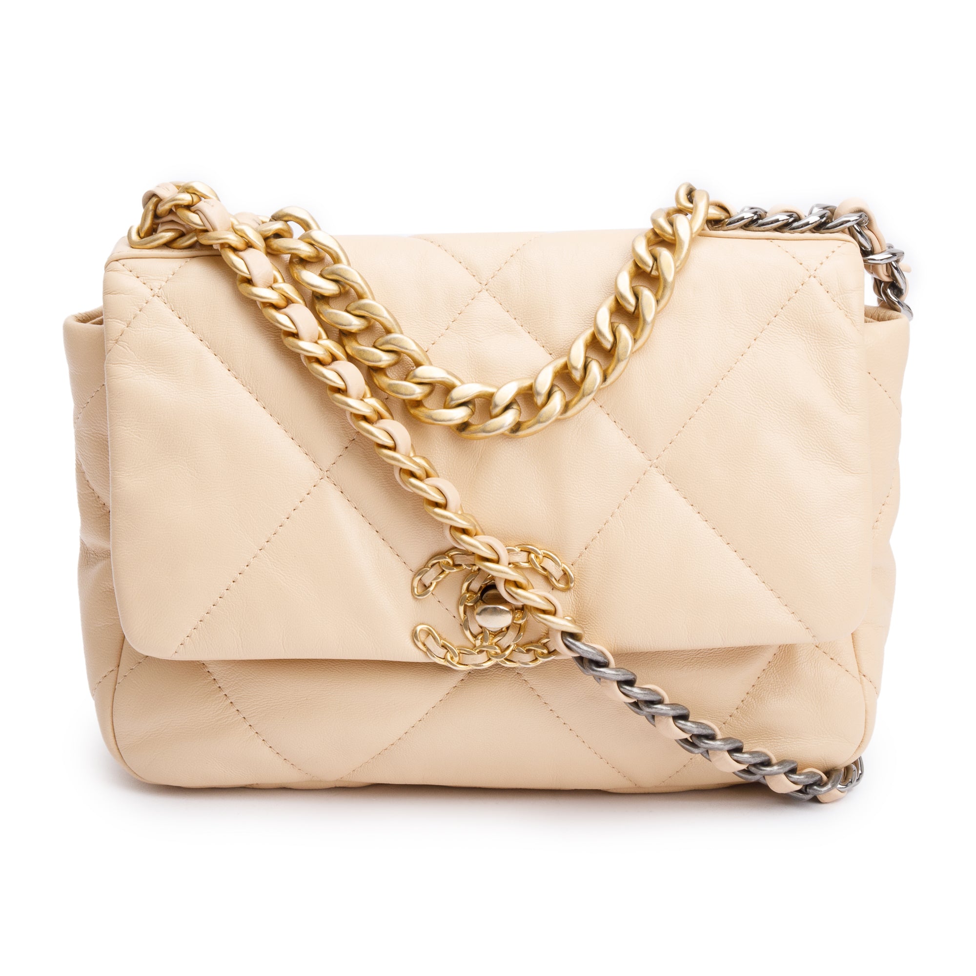 Chanel 2020 Beige Lambskin Leather Medium 19 Flap Bag w/ Authenticity Card