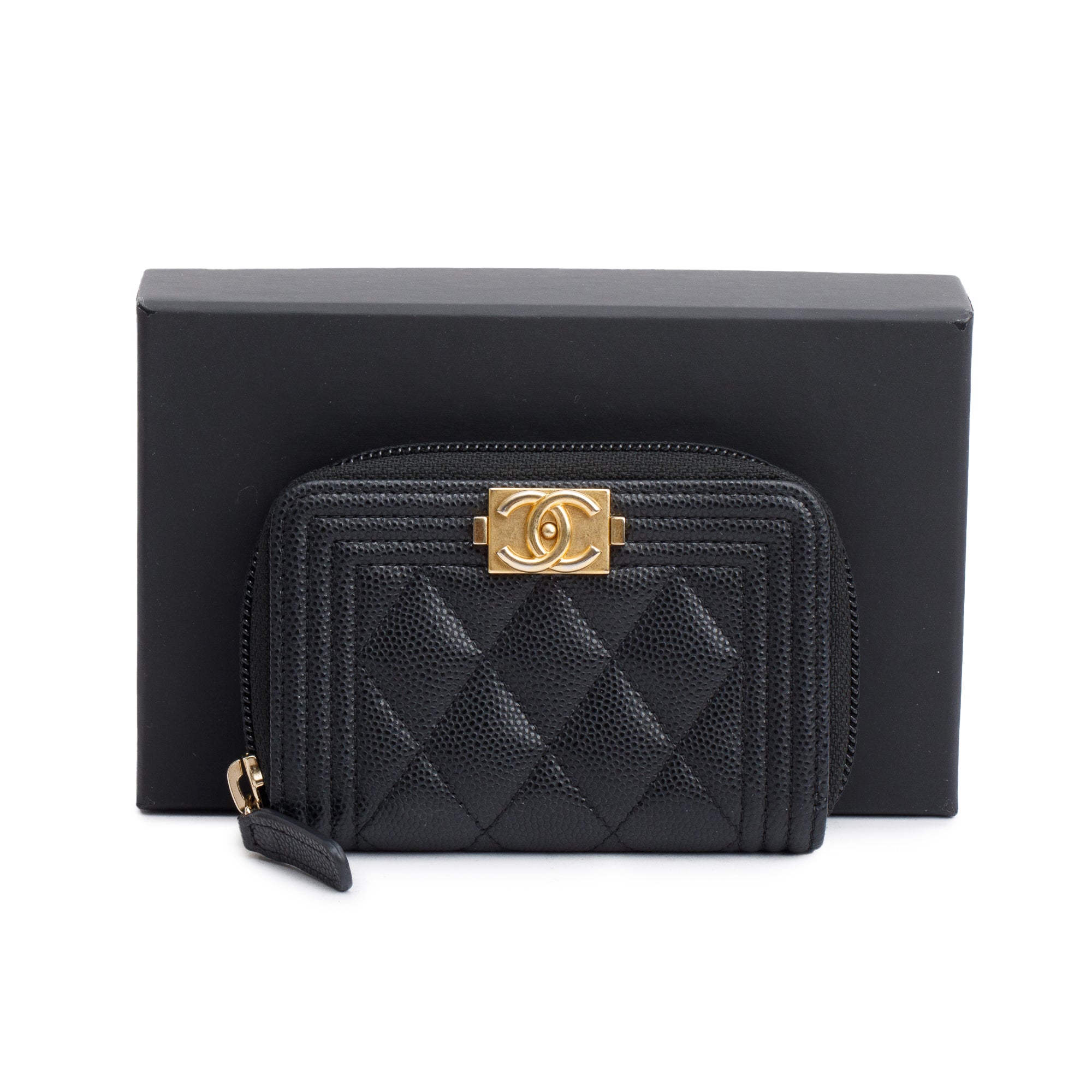Chanel 2020 Black Caviar Leather Zip Around Boy Coin Purse w/ Box, Receipt & Authenticity Card