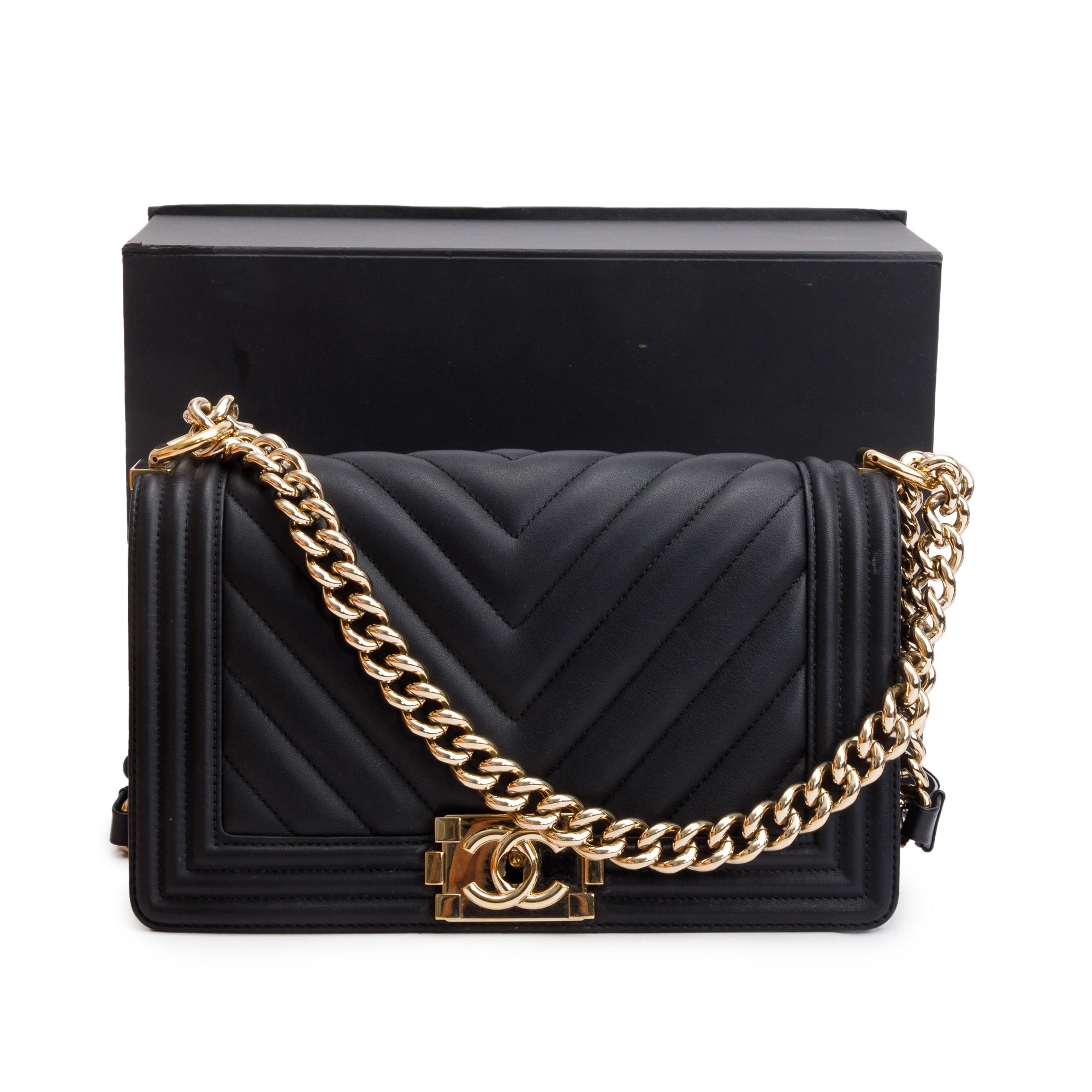 Chanel 2020 Black Chevron Quilted Lambskin Leather Medium Boy Bag w/ Box, Receipt & Authenticity Card
