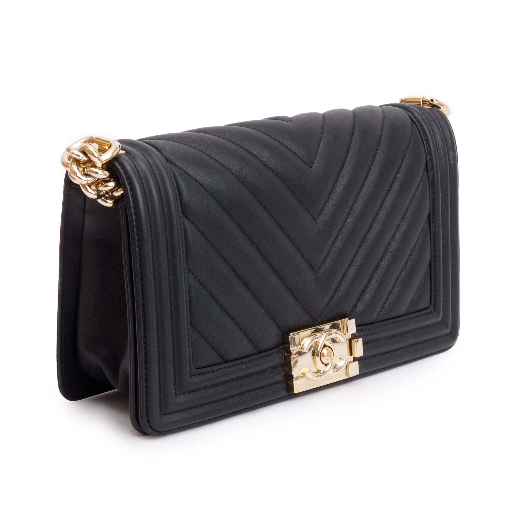 Chanel 2020 Black Chevron Quilted Lambskin Leather Medium Boy Bag w/ Box, Receipt & Authenticity Card
